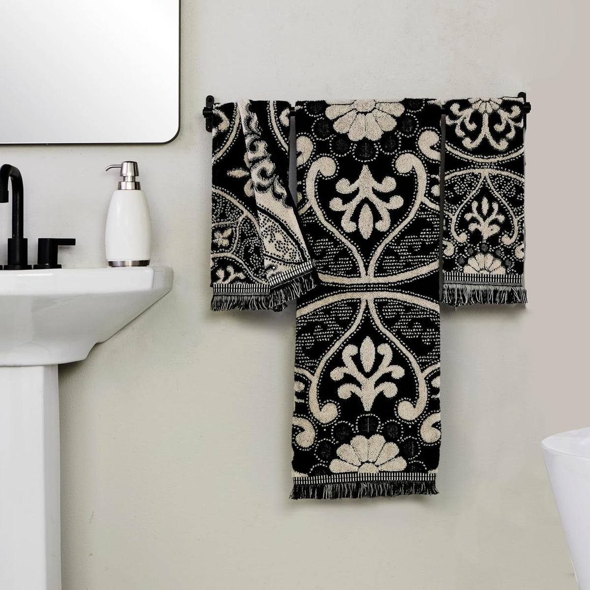 SKL Home Amherst Medallion Hand Towel Set-2pc, Premium 100% Cotton, Black | 600 GSM. Spa-level quality. Soft &