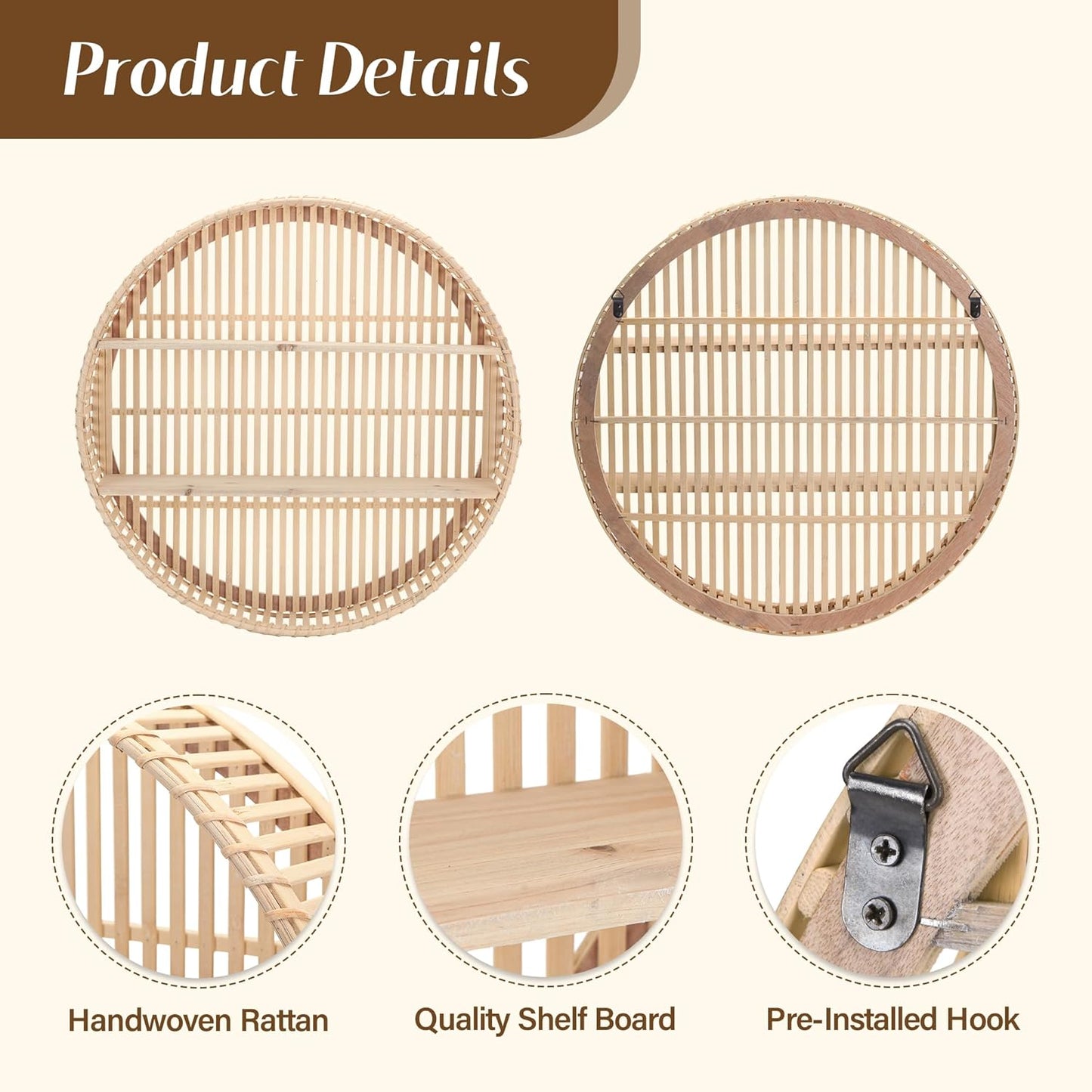Rattan Wall Shelf 3 Tier Boho Wall Mounted Shelf Farmhouse Handcraft Round Floating Shelf Display