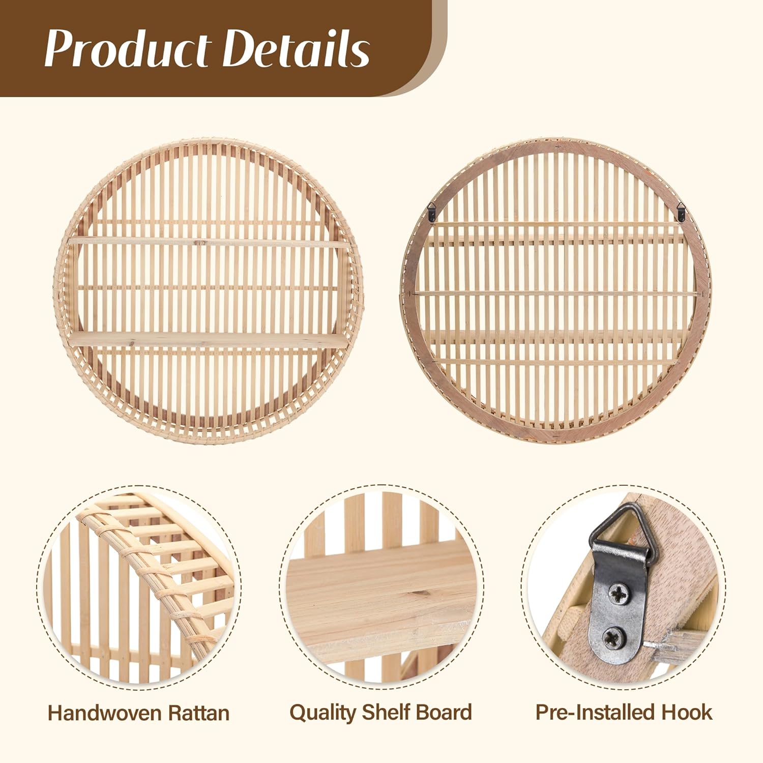 Rattan Wall Shelf 3 Tier Boho Wall Mounted Shelf Farmhouse Handcraft Round Floating Shelf Display