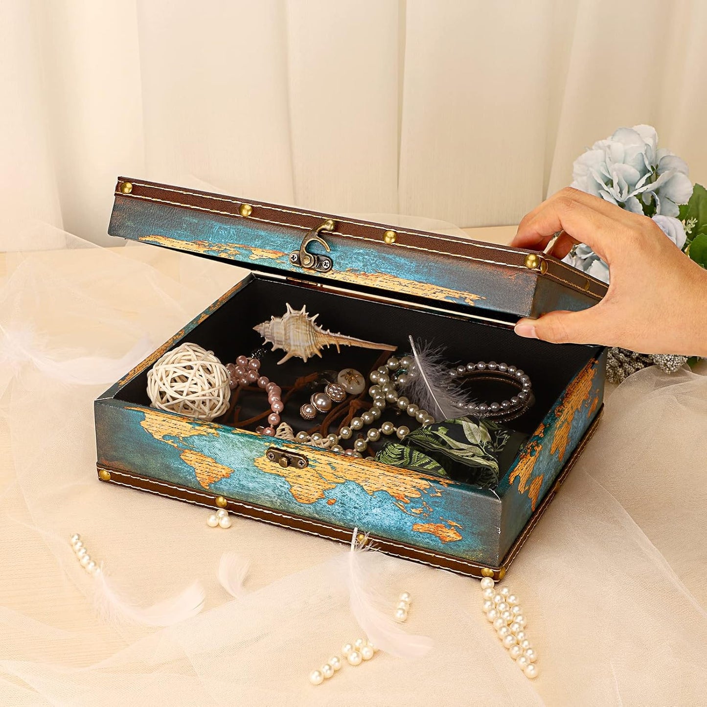 Wooden + PU Leather Storage Box for Jewelry Trinkets Photos / Green Map Pattern