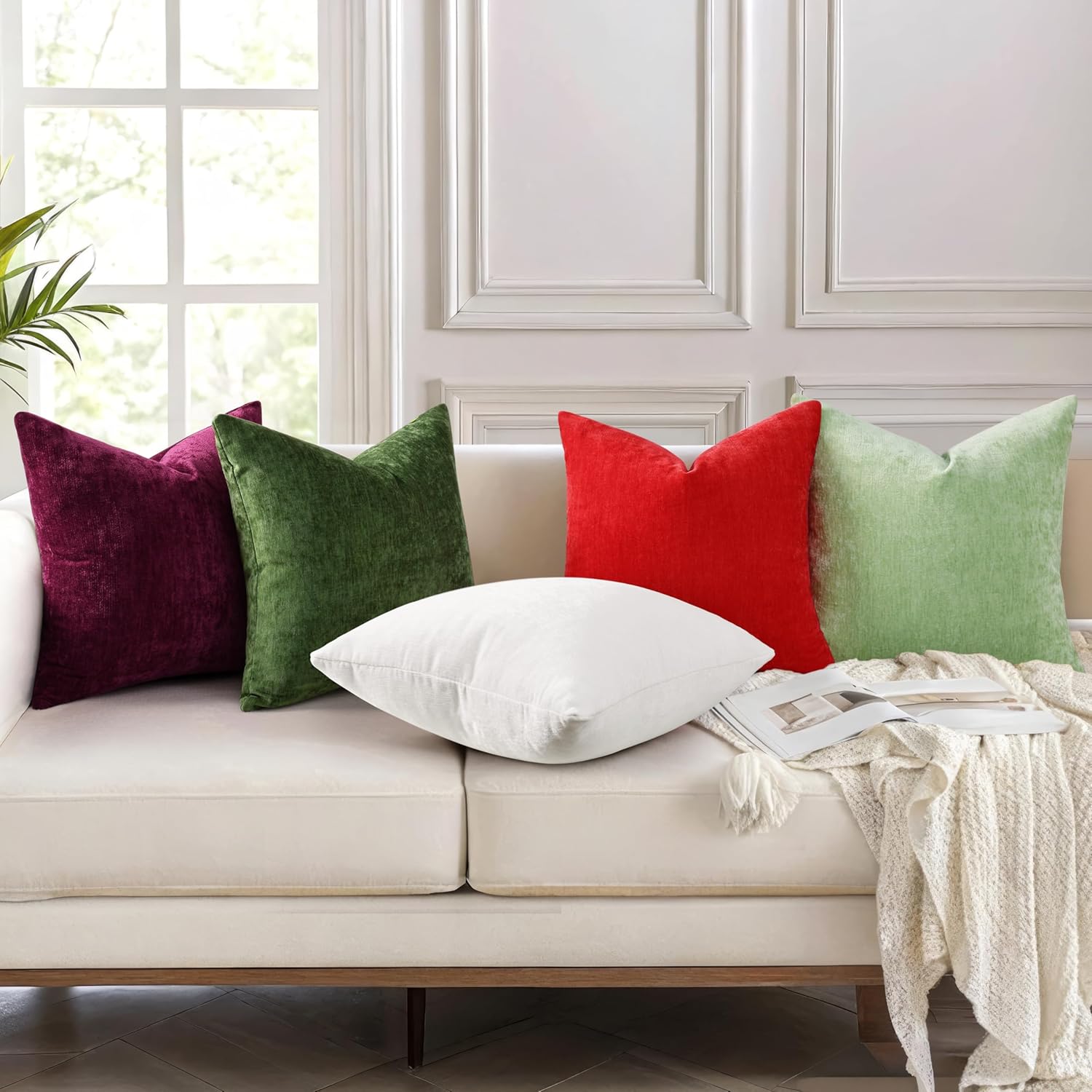 Chenille Summer Throw Pillow Covers / Sage Green / 26 x 26 / Set of 2