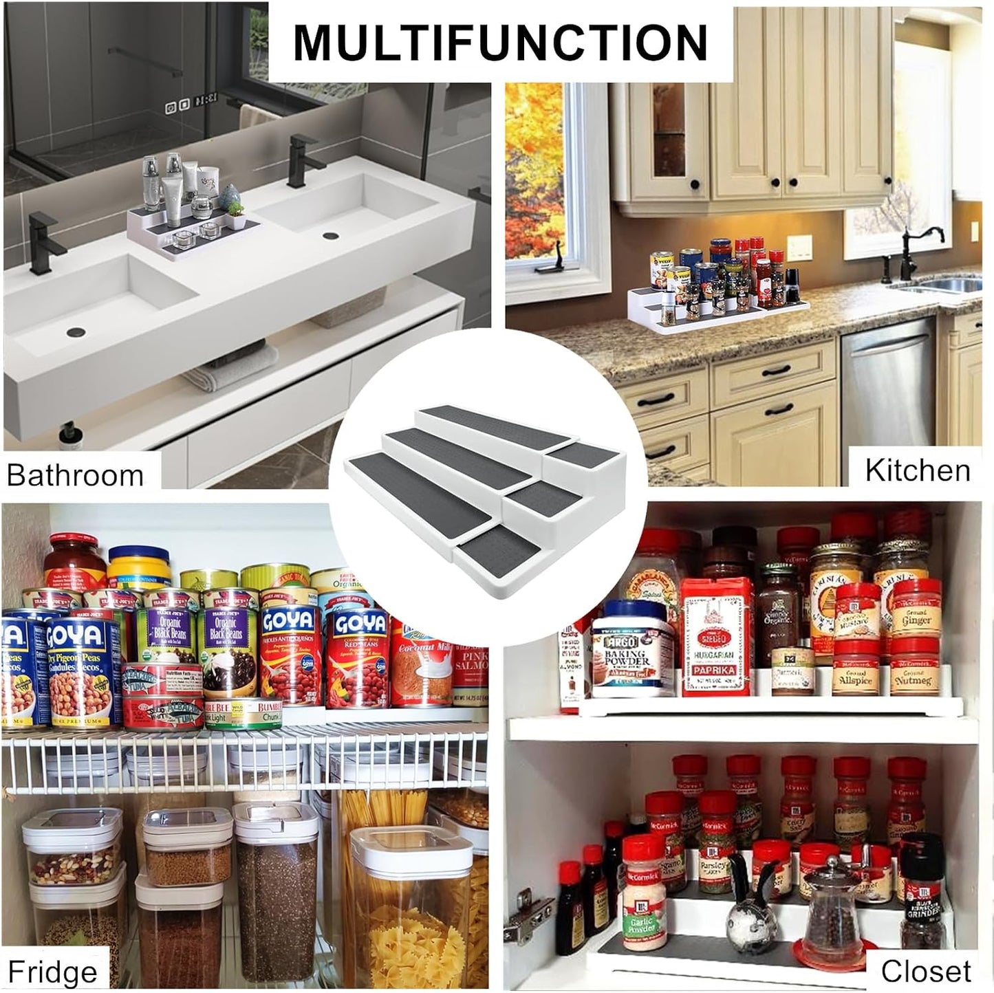 CiWiVOKi 3 Tier Expandable Spice Rack Organizer, Plastic Spice Rack, Adjustable Length 14.6In-25.8In, Non-Skid Tiered