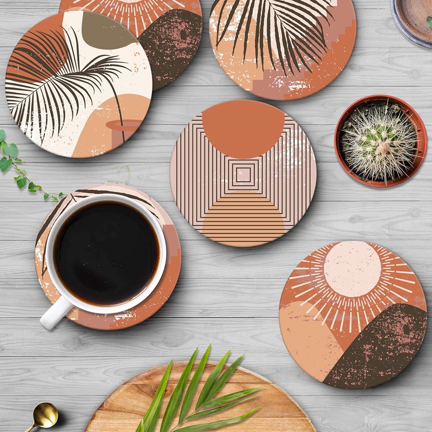 Boho Aesthetic Burnt Terracotta Absorbent Round Ceramic Stone / Boho Abstract / Orange / Set of 6
