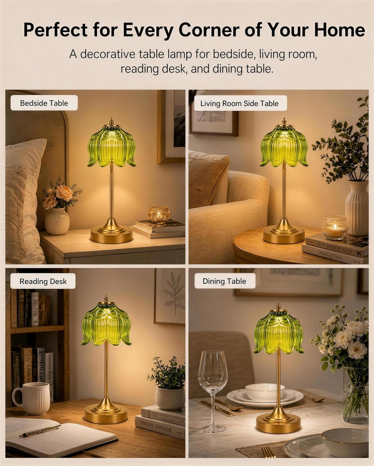 Lotus Flower Cordless Rechargeable Table Lamp, 3 Color Modes, Touch Control | 5200mAh Battery Powered Glass Table Lamp