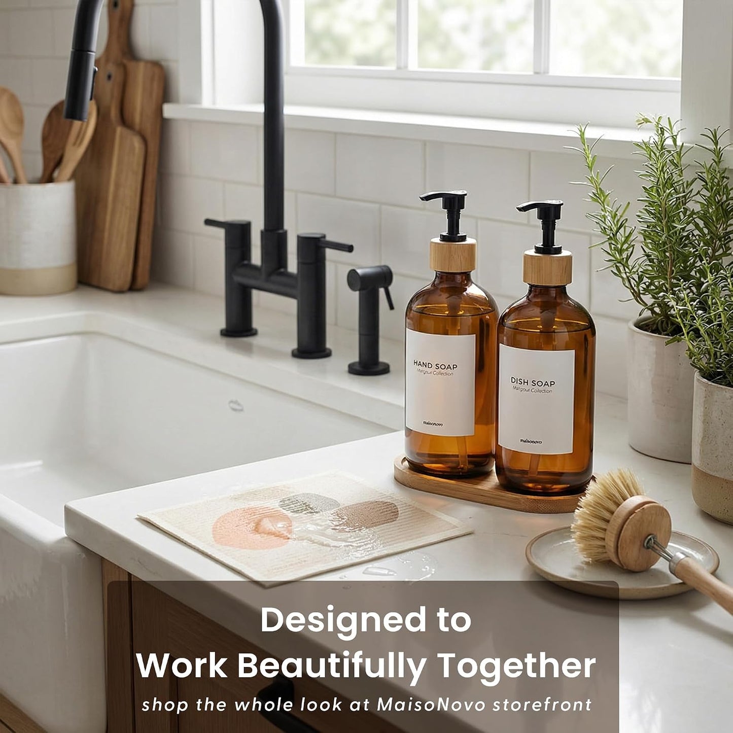 Maisonovo Dish Soap Dispenser Set - Amber Soap Dispenser Black Bamboo Pumps | Glass bottles for body wash, lotion