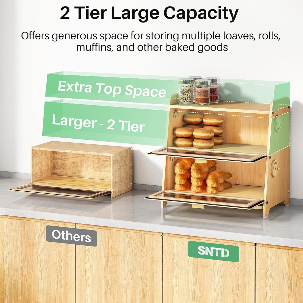 SNTD Bread Box for Kitchen Countertop, Adjustable Ventilation, Natural | Bamboo Cutting Board, Airtight Design