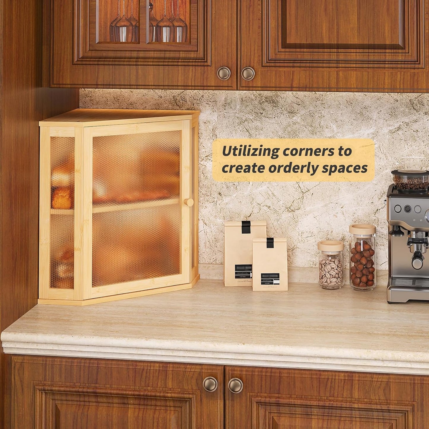 Corner Bread Box for Kitchen Countertop,Bread Storage for Homemade Bread, Double Layer Large Bamboo Kitchen Storage Bin