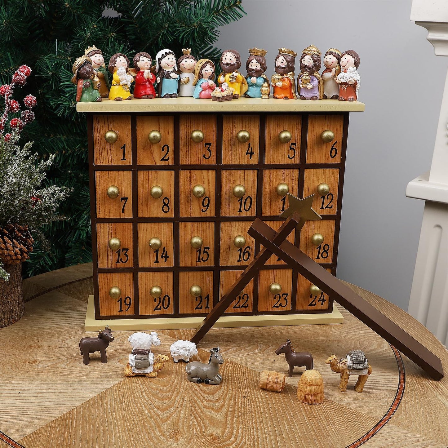 Juegoal Nativity Advent Calendar, Countdown to Christmas Advent Calendar with 24 Pieces Figures & 24 Drawers, Christian