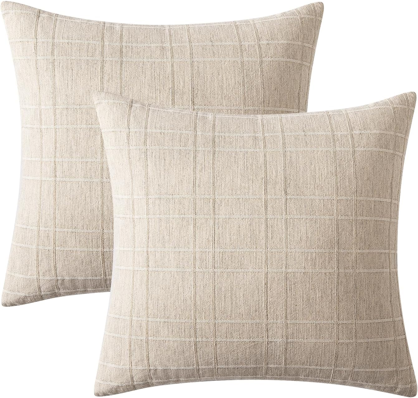 Decorative Linen Check Throw Pillow Covers Neutral Farmhouse / 18 x 18 / Natural Beige / Set of 2