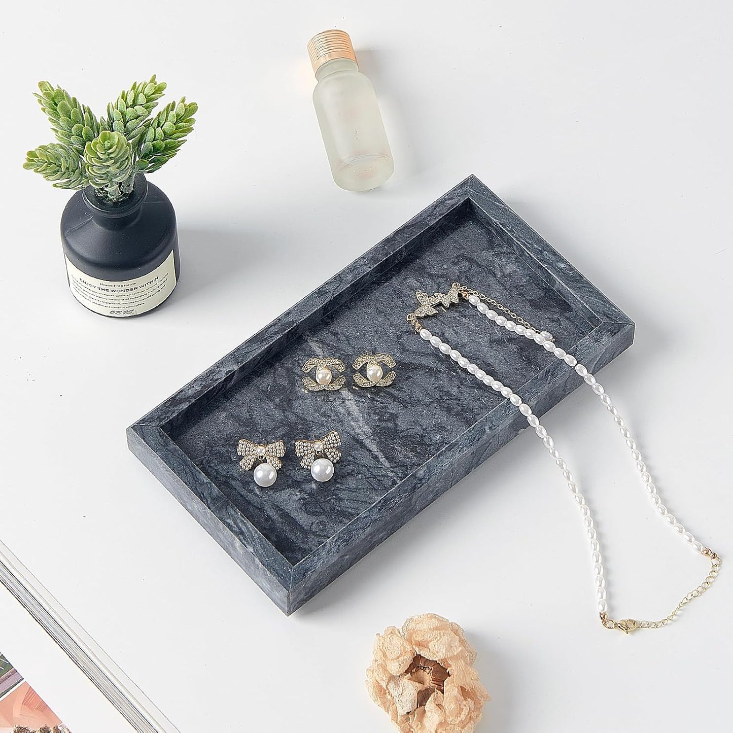 Stone Organizer / Natural Small Marble Vanity Tray / Black / 7.9 x 4.3 x 0.8
