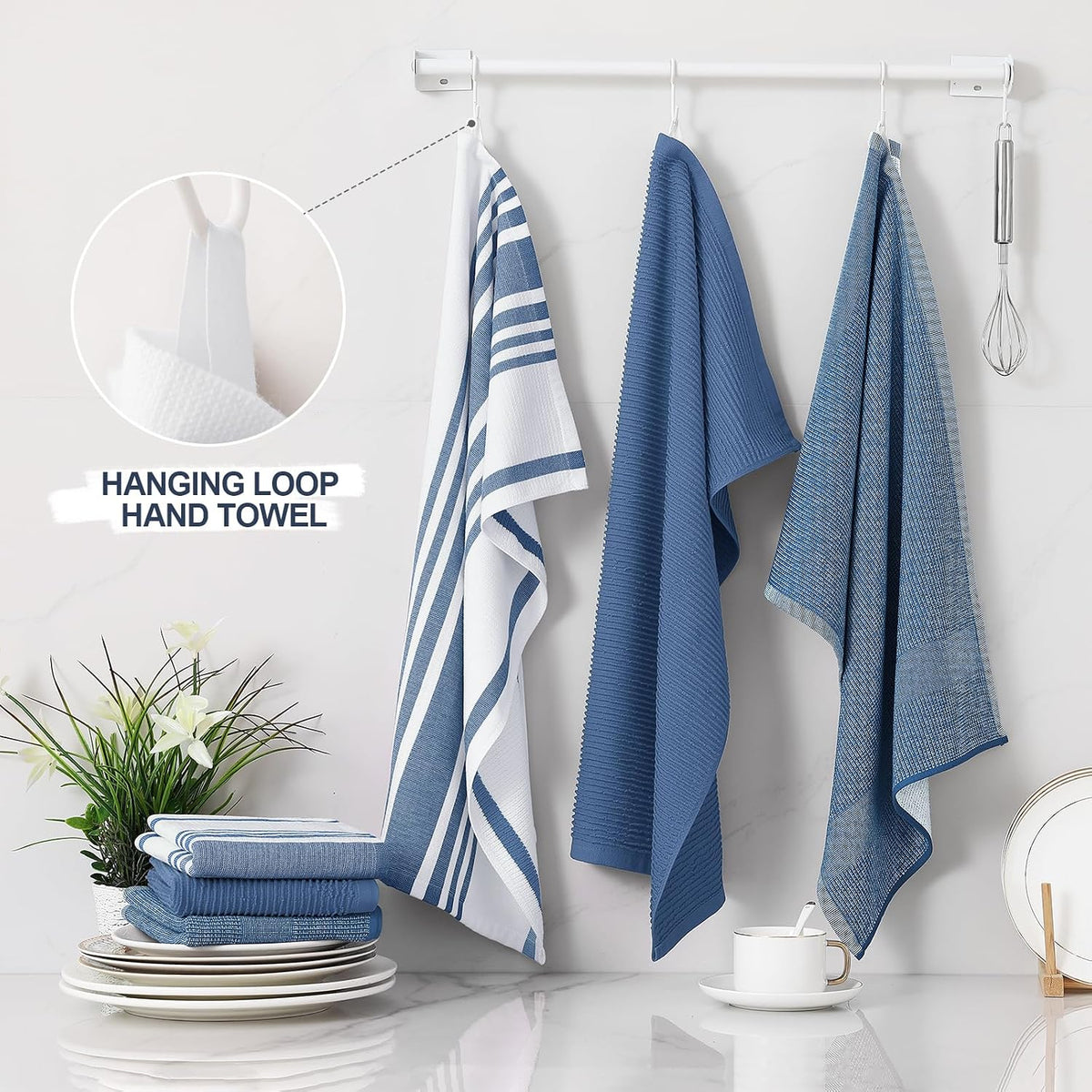 Homaxy Cotton 380 GSM Premium Kitchen Towels, 18"x 28", 12 Pack, Navy Blue | Soft and Absorbent Terry Dish Towels
