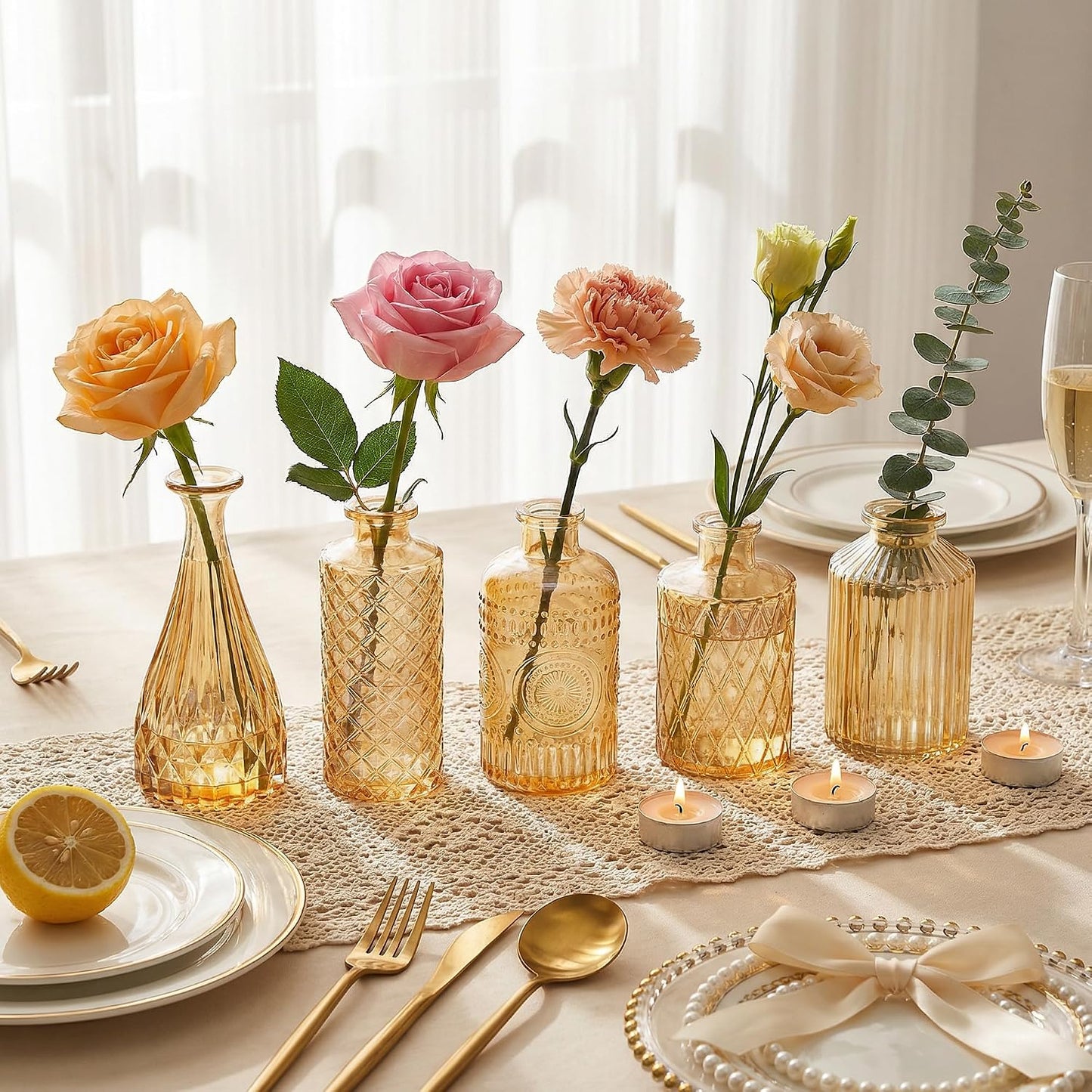 Small Vintage Glass Clear Bud Flower Vases Bulk Multiple Shape Mini Glass Bottles / Gold / Set of 12