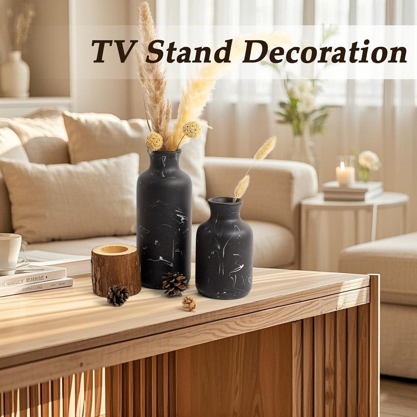 Resin 3 Piece Vase Set / Black Marble Look