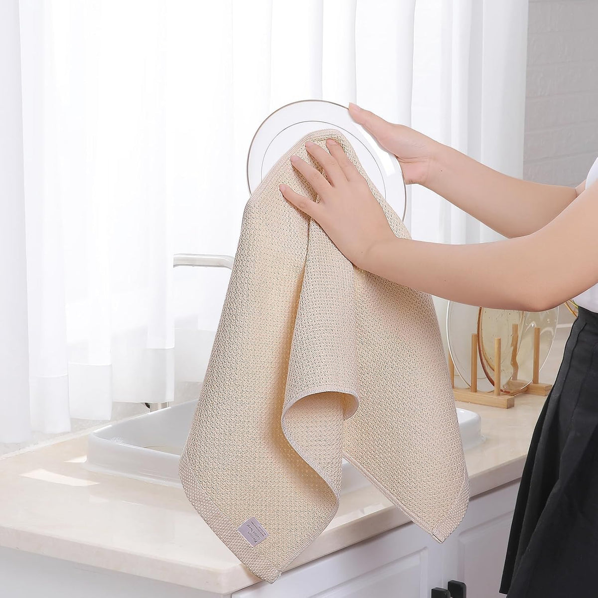 Homaxy 100% Cotton Waffle Weave Kitchen Dish Towels 18-Pack, Beige | 13 x 28 Inches, Ultra Soft Absorbent Dish Towels