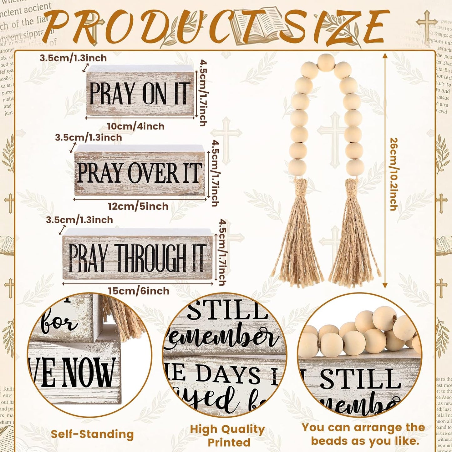 Farmhouse Wooden Tabletop Decor Rustic Retro Wood Bead Garland I Still Remember / Prayed / Set of 4