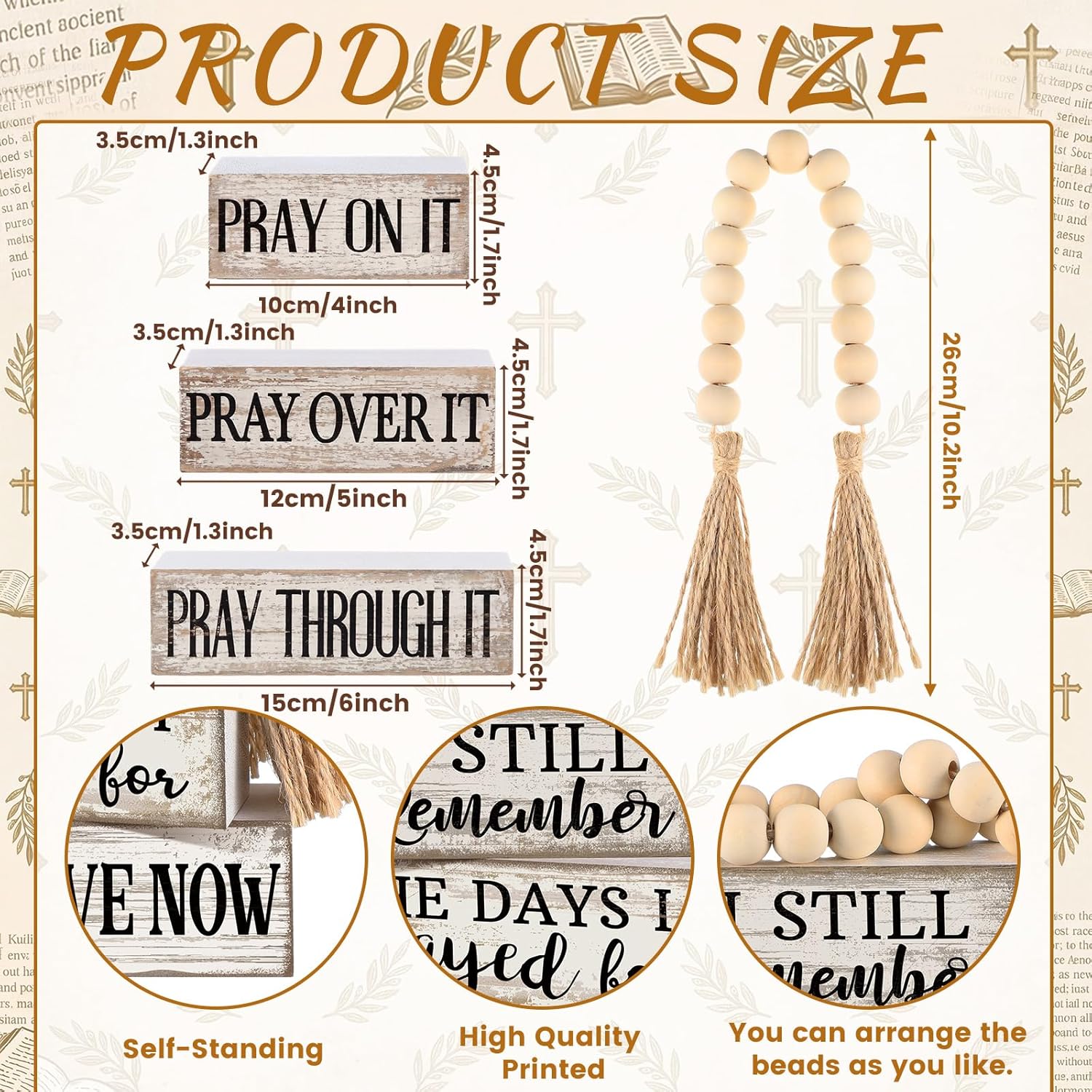 Farmhouse Wooden Tabletop Decor Rustic Retro Wood Bead Garland I Still Remember / Prayed / Set of 4