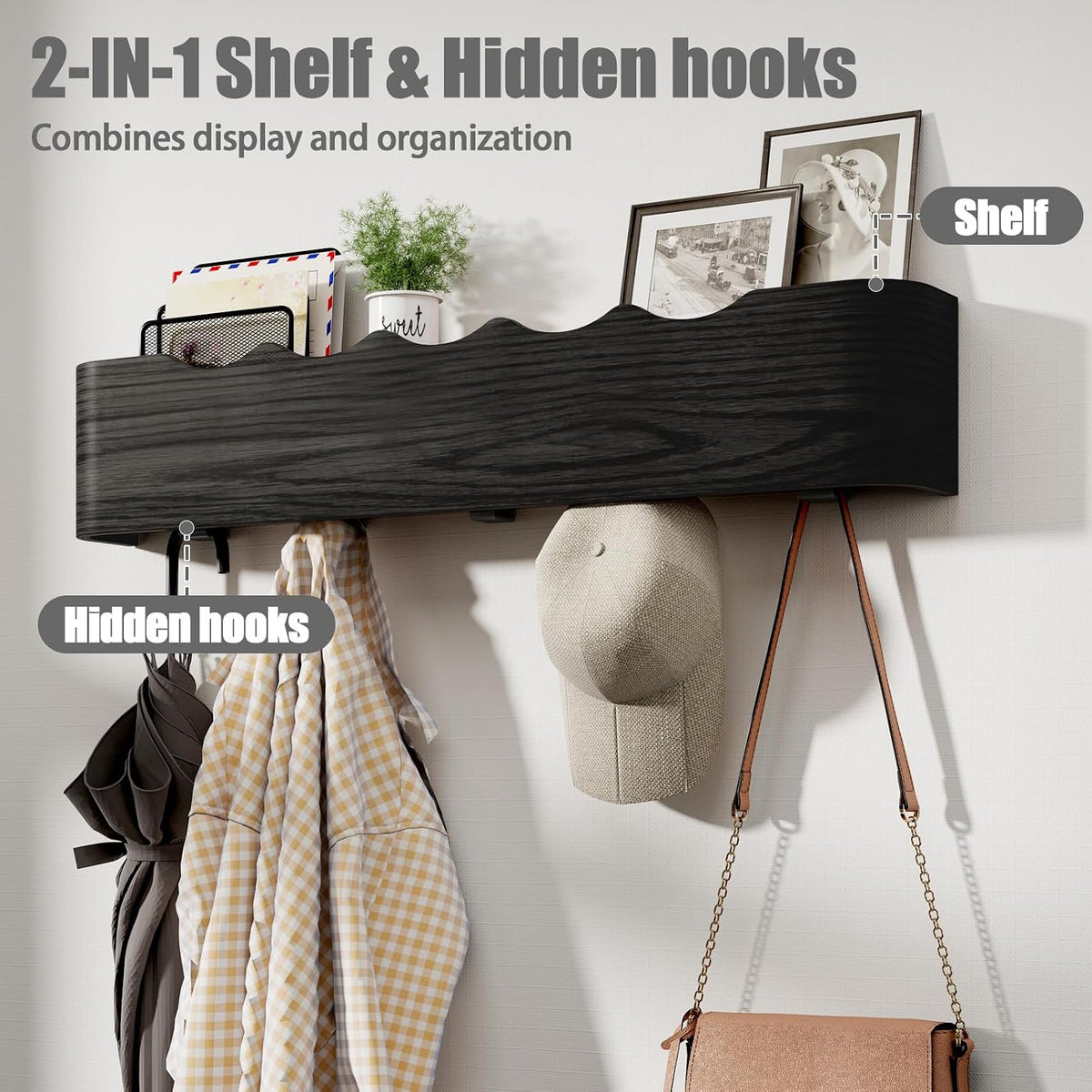 Coat Rack Wall Mount with Shelf 5 Hidden Hooks Modern Wooden Key Holder Entryway Organizer for Hallway Bedroom Bathroom