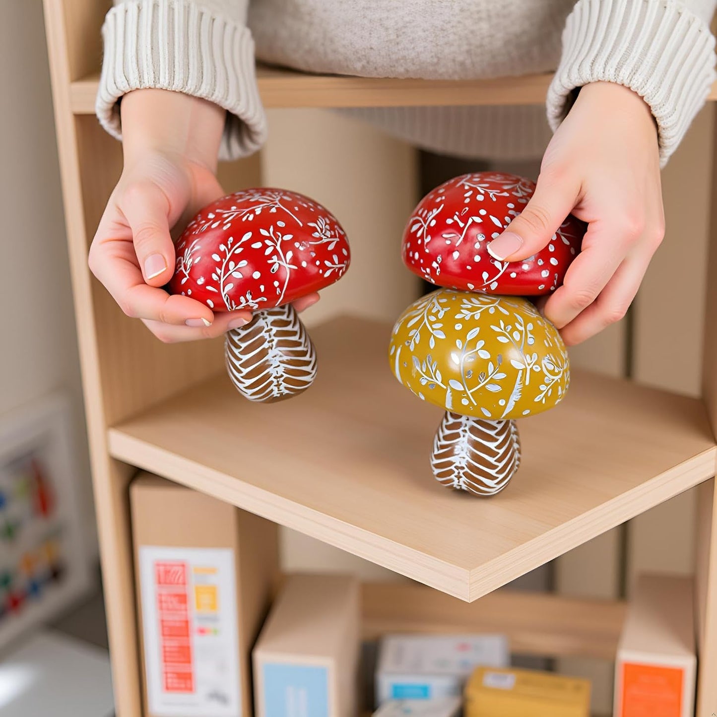 Modern Woven Mushroom Decorative Sculpture / Yellow/red Mushroom / 4.53inch / Set of 2
