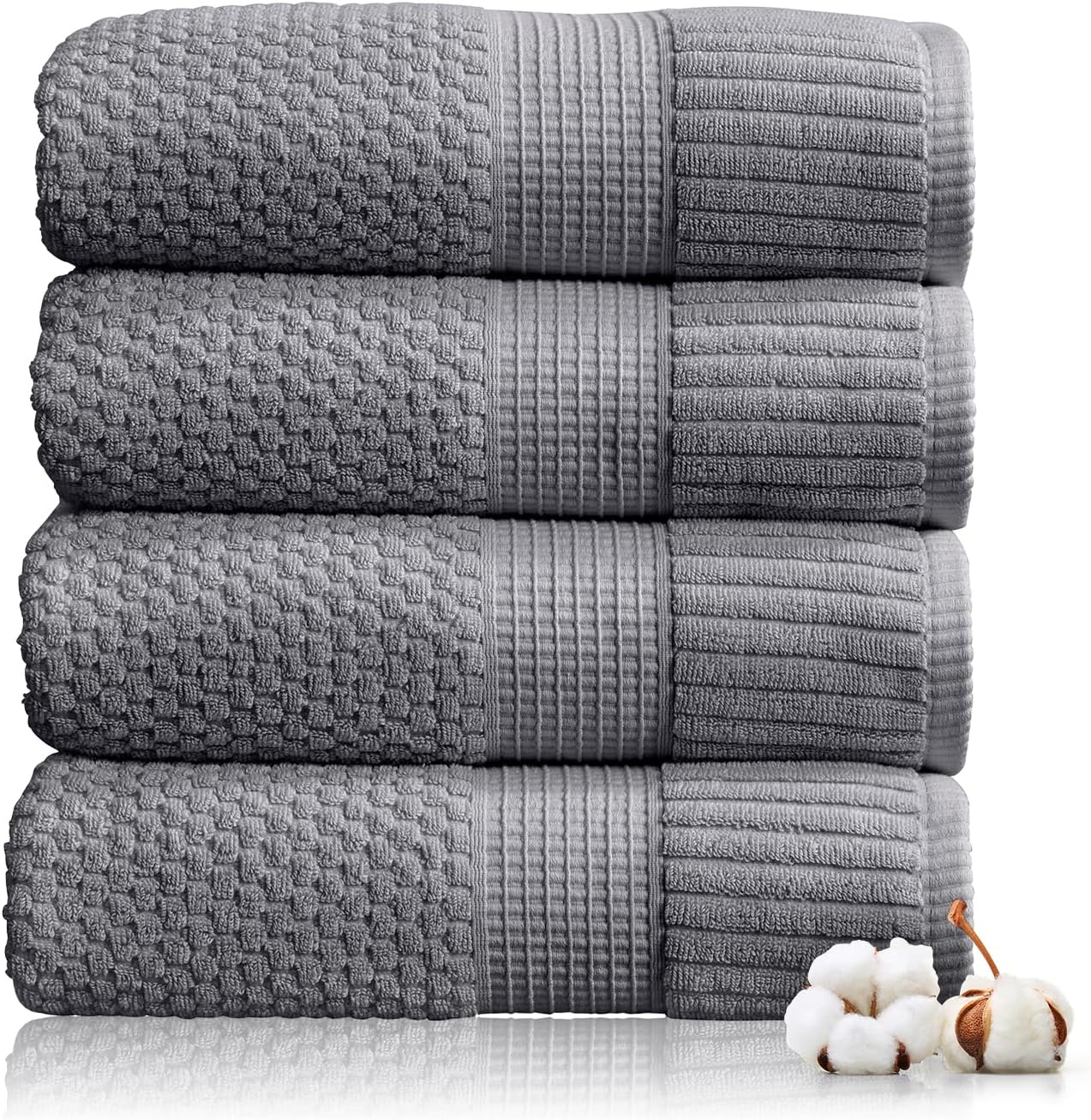 NY Loft 100% Cotton 4-Pack Bath Towel Set | Grey | Oeko-TEX | Quick-Dry | Four 30" x 52" Bath Towels | Super Absorbent