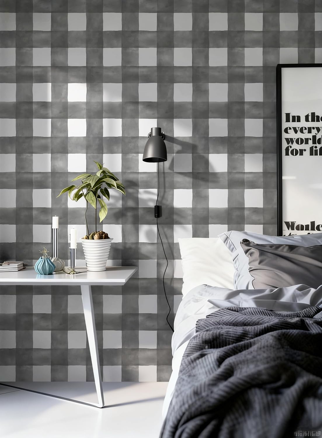 Grey Wallpaper Peel and Stick Plaid Modern Wall Paper Checkered / 17.3 x 78.7 / Grey and White