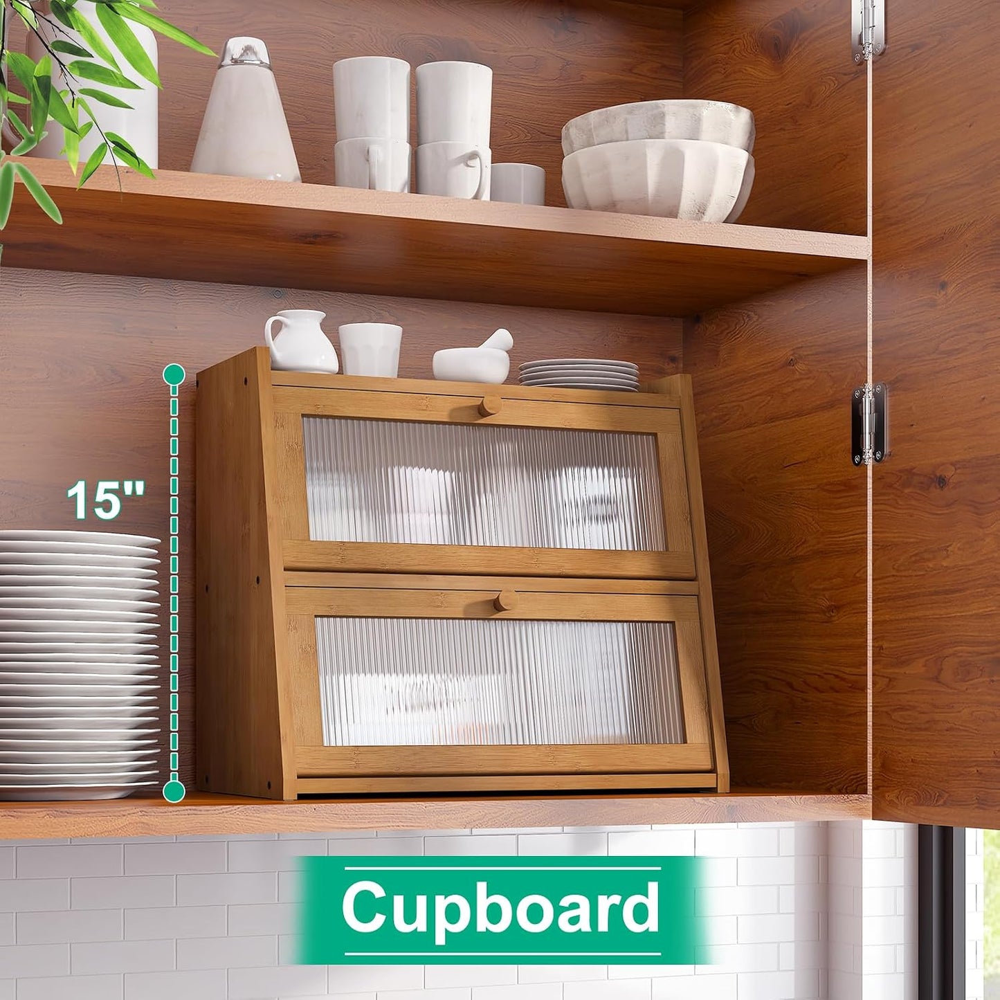 kiplant Bread Box for Kitchen Counter, Double Layer Large Bamboo Wood Bread Box, Bamboo Bread Storage Container with