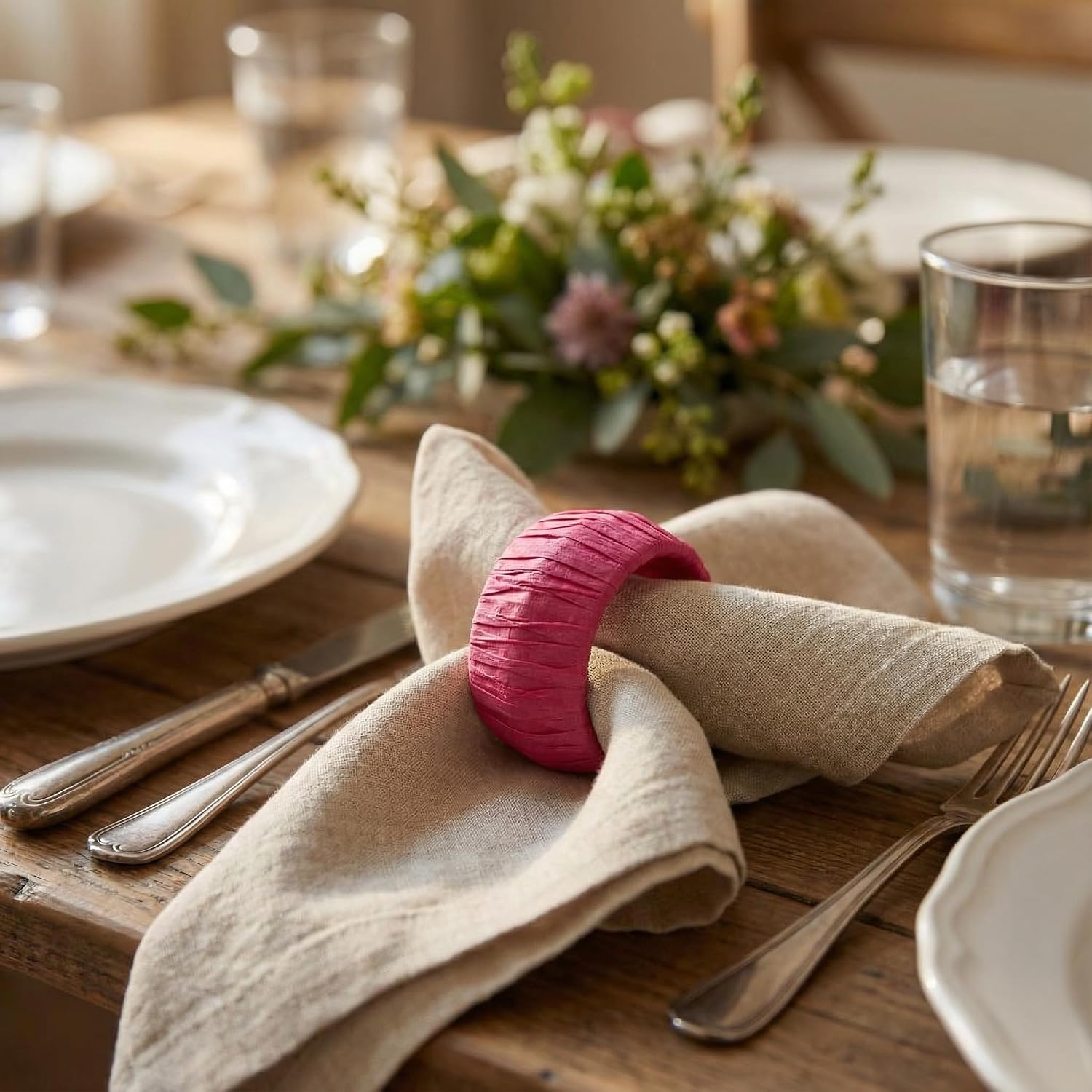 ™ Handmade Raffia Rattan Napkin Rings Everyday Use Dining Party / Rf_pink_3 / Pink / Set of 8