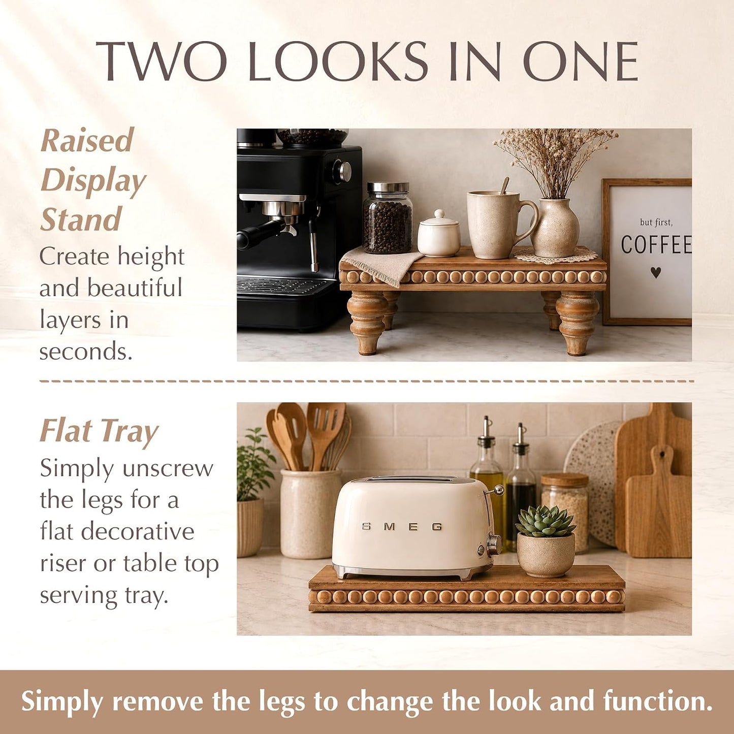 Farmhouse Beaded Riser Stand for Decor / Rustic Brown