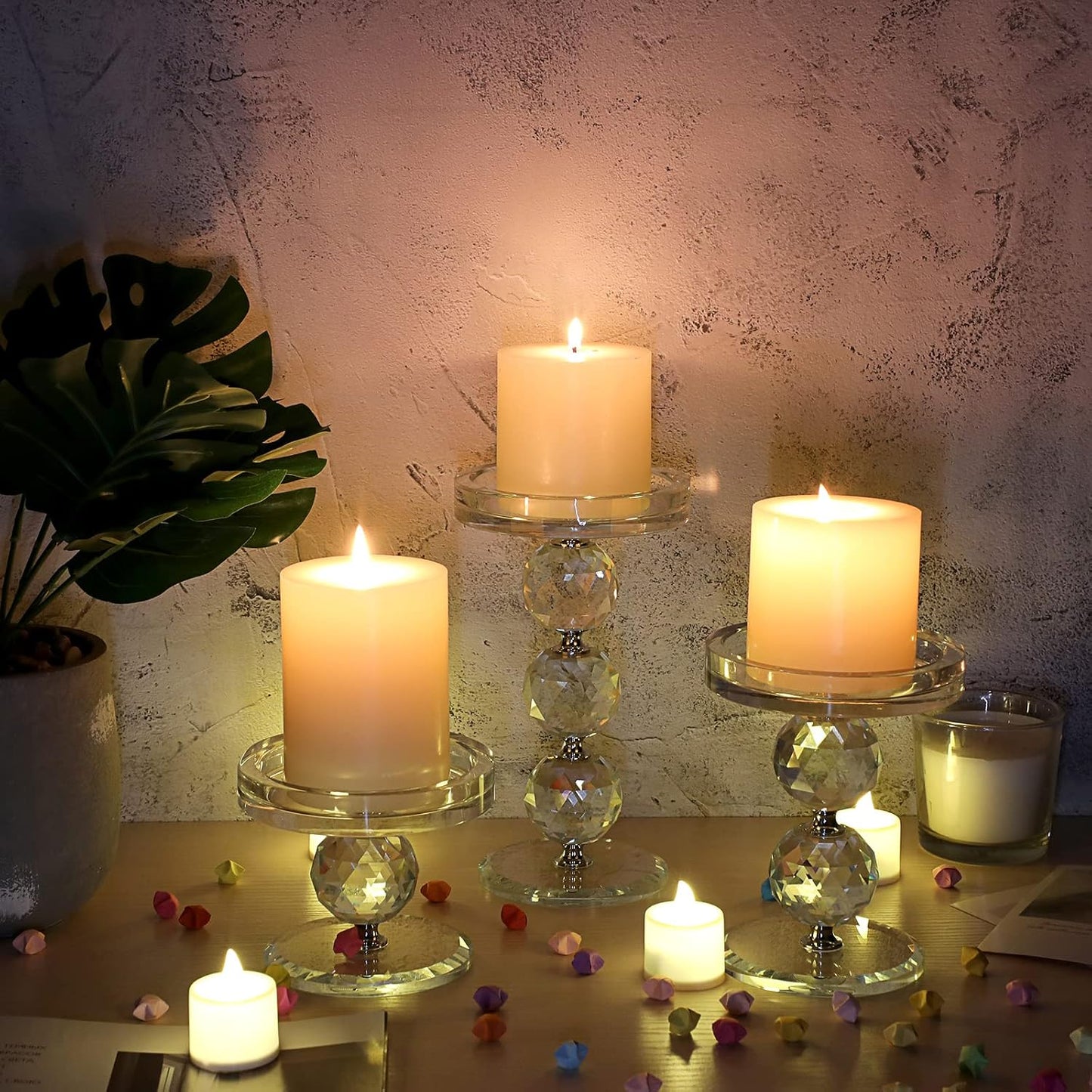 OwnMy Crystal Glass Pillar Candlestick Holders Pillar Candle Holders Sets | Clear Glass Tealight Holders Votive Candle