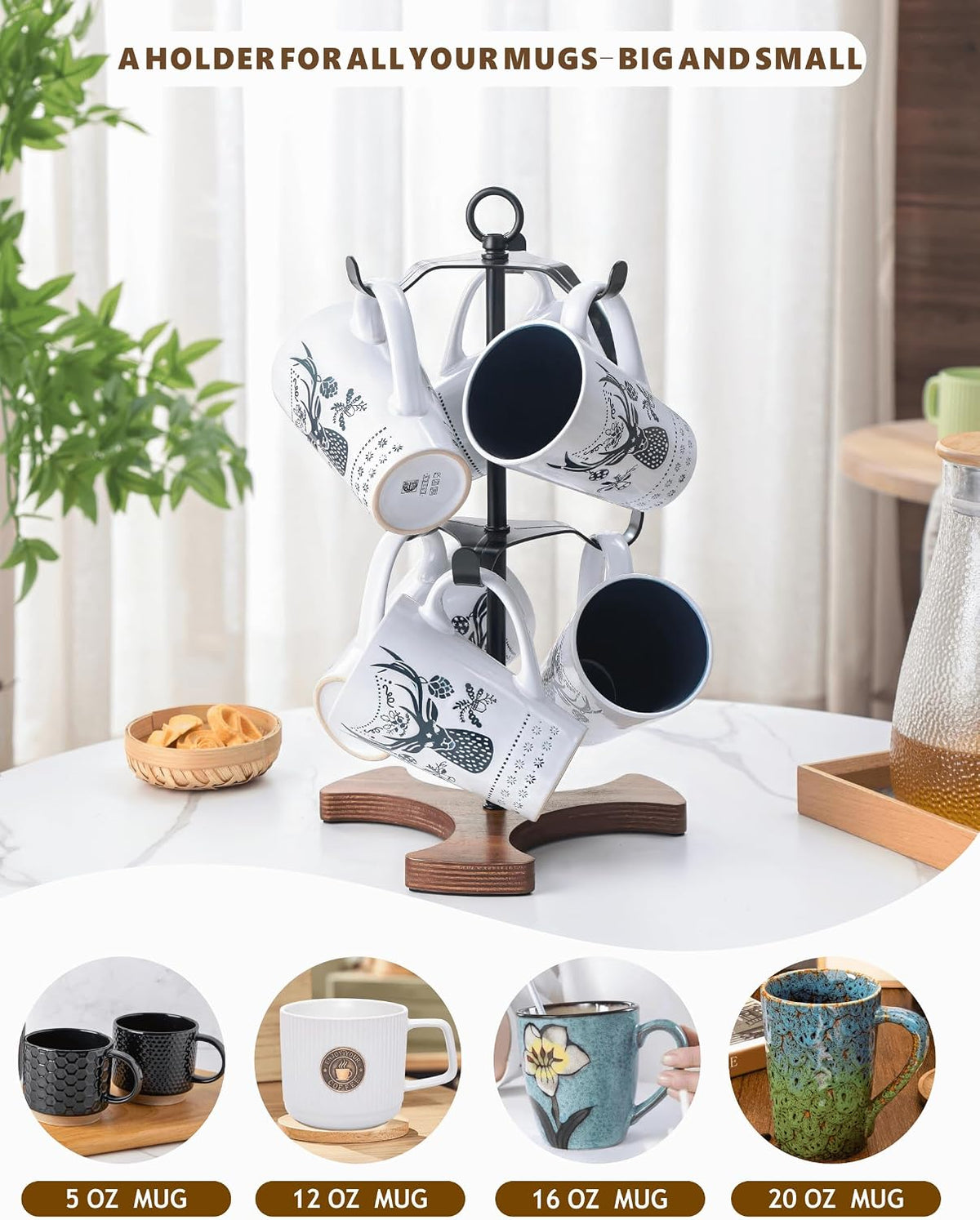 Mug Holder Tree for Countertop | 2-Tier Coffee Cup Stand & Rack Holds 6 Large Mugs, 5oz to 20oz | Space-Saving Mug