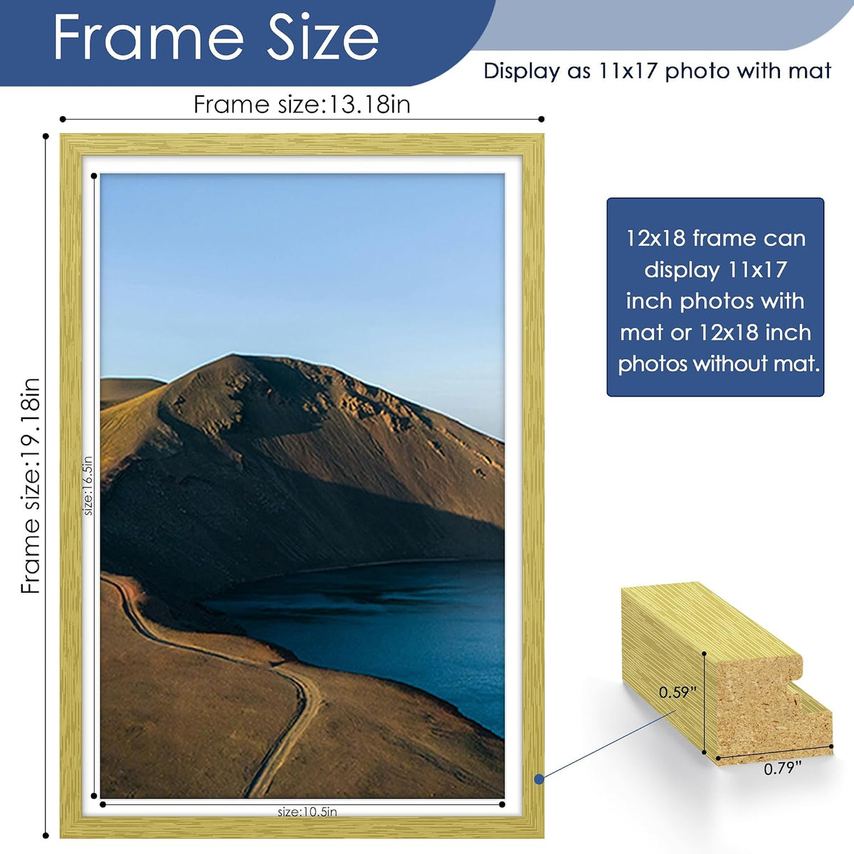 12x18 Picture Frame Set of 6, Wall Mount Display, Gold | Display Pictures 11x17 with Mat or 12x18 Without Mat