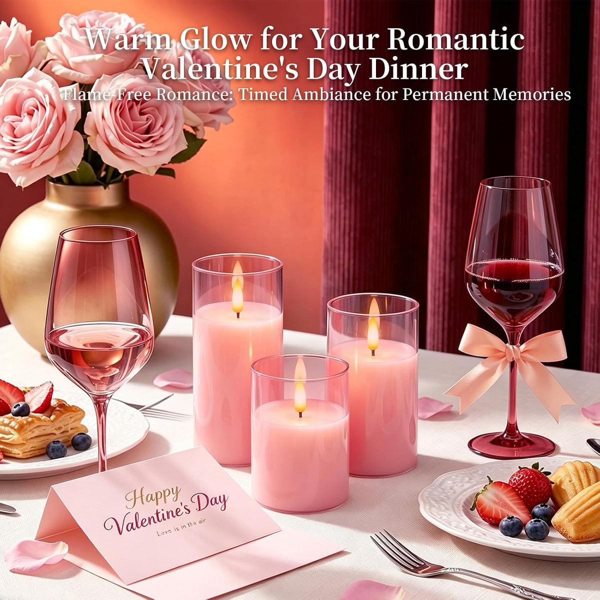 Amagic Pink Glass Flameless LED Candles Battery Operated with Remote Timer | Real Wax Pillar Electric Candle, 3D