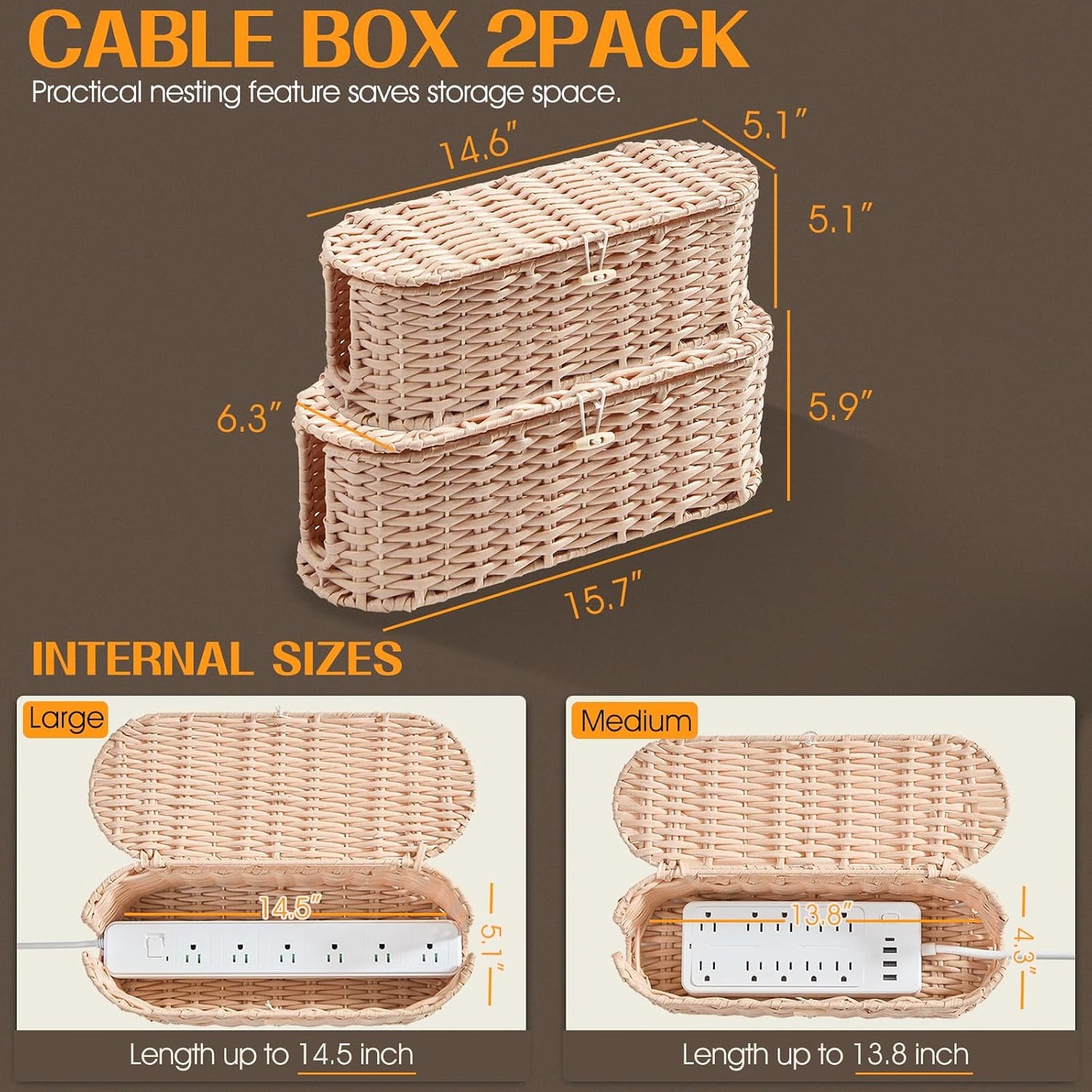 Handwoven Large and Small Cable Organizer Box Cover to Hide Cords and Power / Cream / L+M / Set of 2
