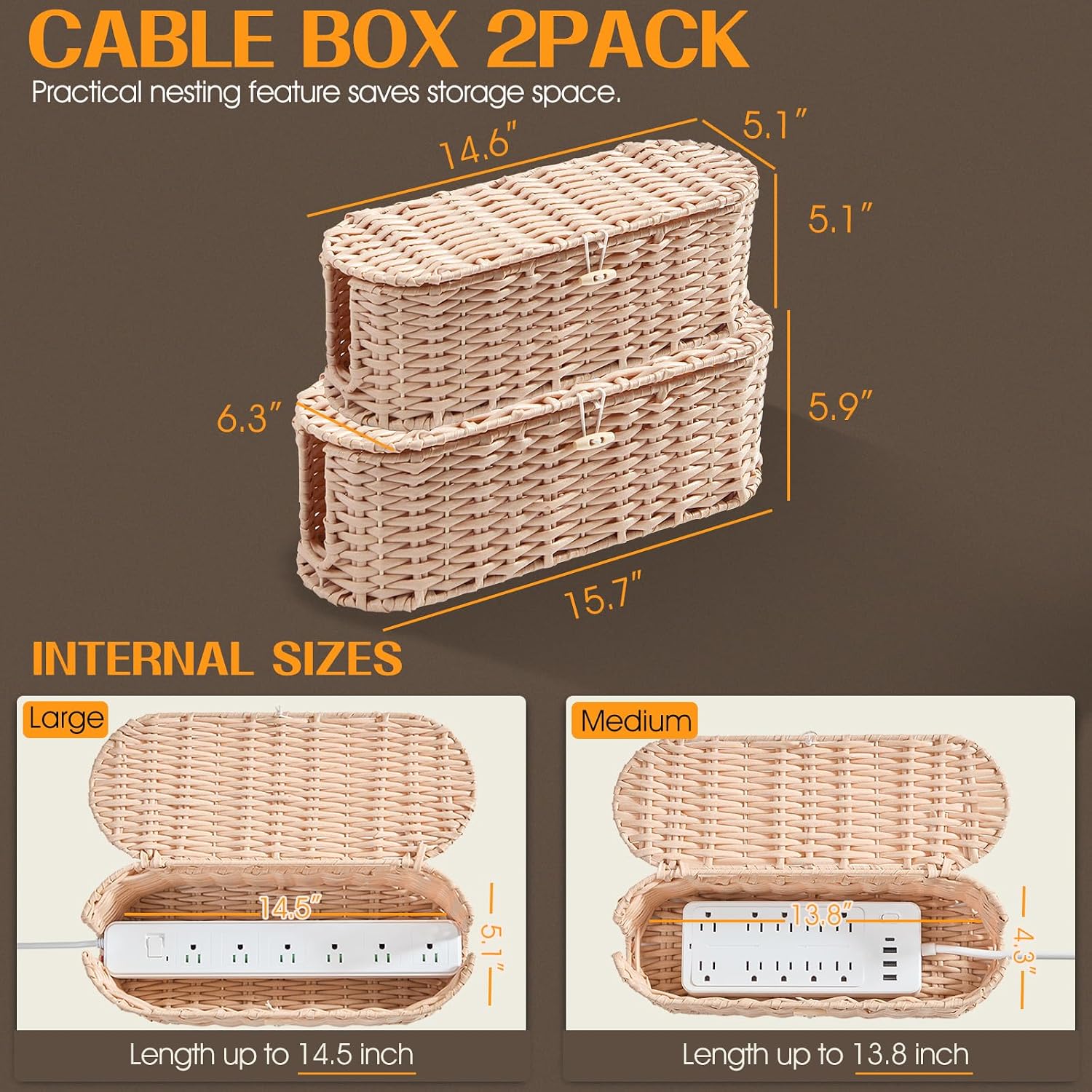 Handwoven Large and Small Cable Organizer Box Cover to Hide Cords and Power / Cream / L+M / Set of 2