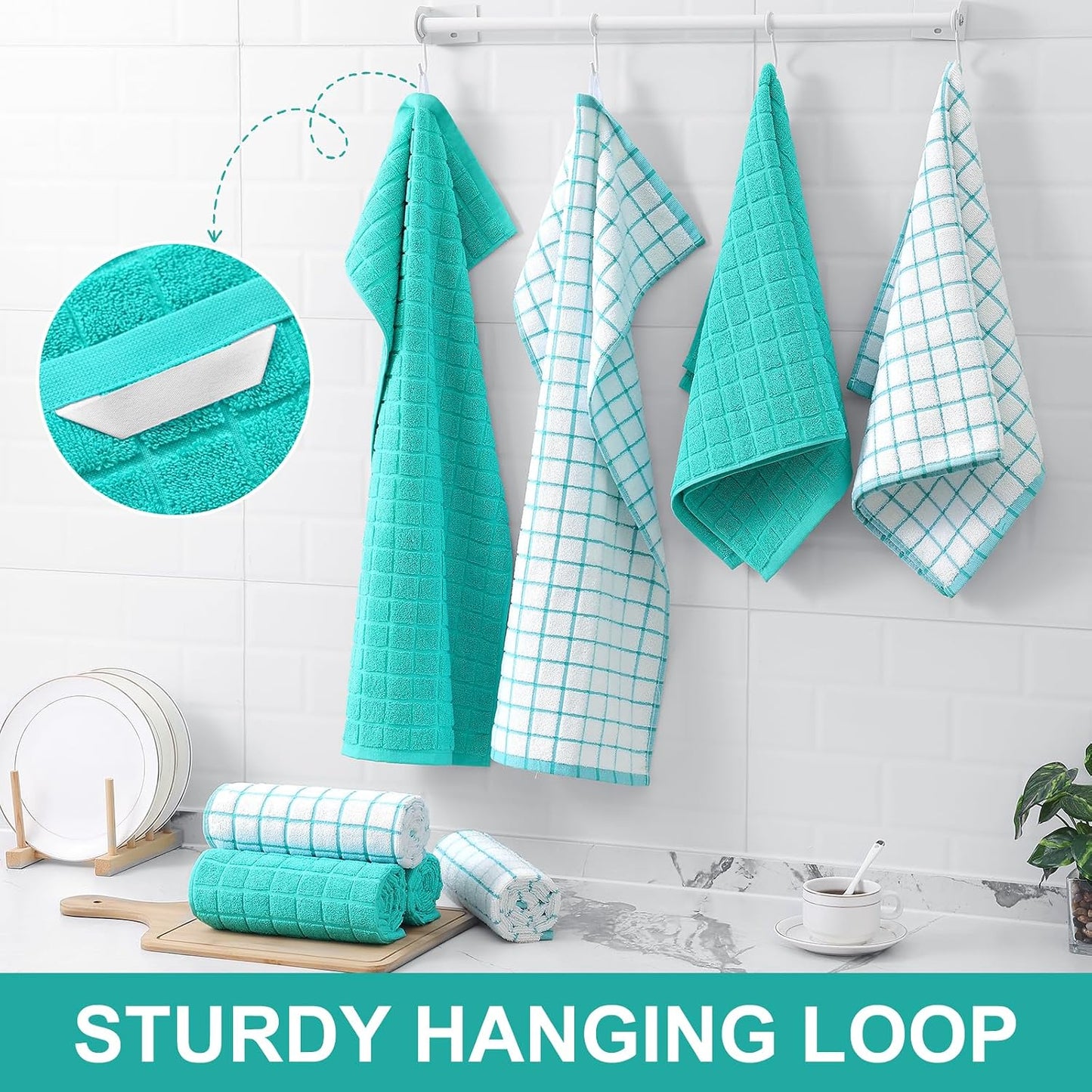 Homaxy Large Premium Cotton Kitchen Towels 16"x 28", 6 Pack, Aqua | Natural Ring Spun 390 GSM Dish Towels, Super