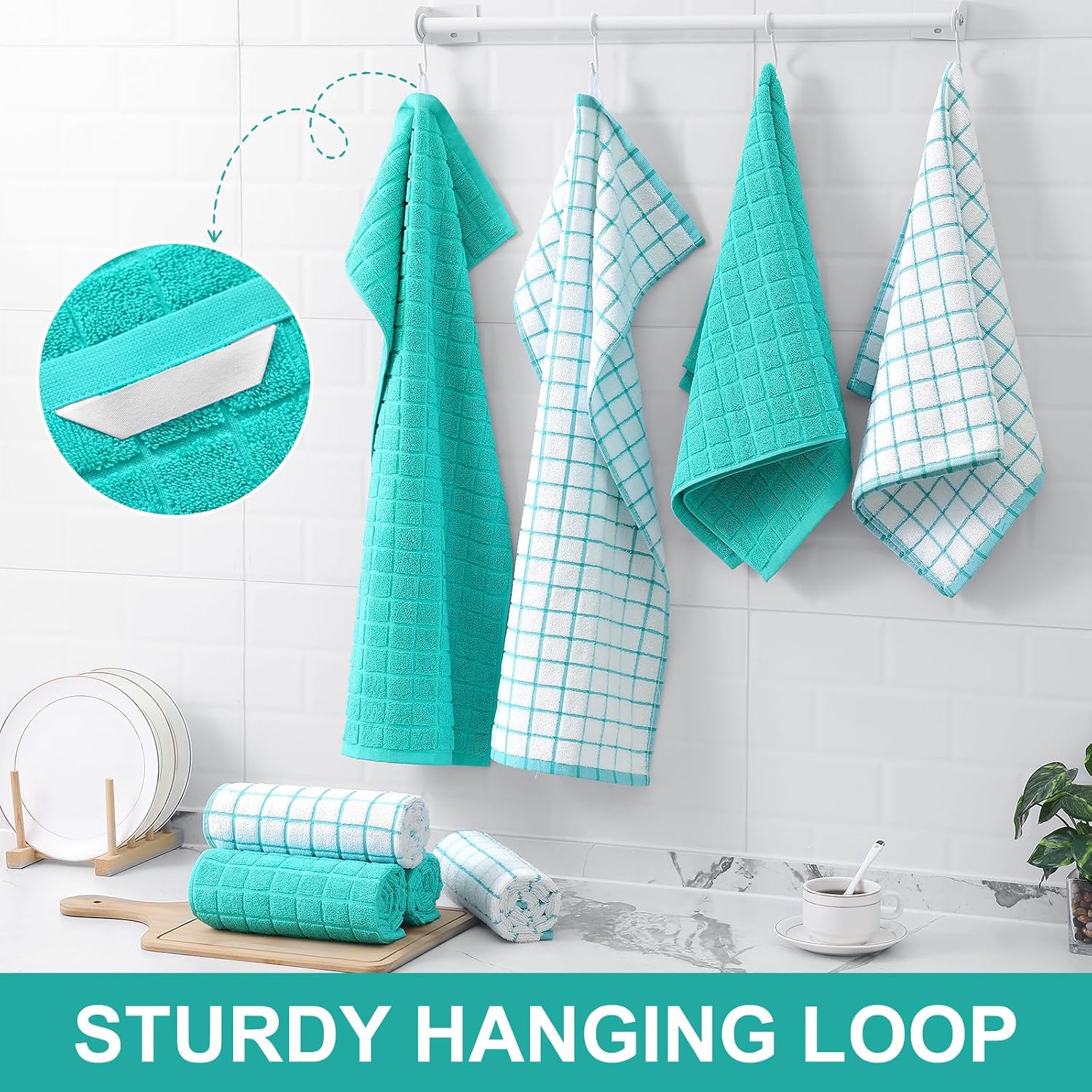 Homaxy Large Premium Cotton Kitchen Towels 16"x 28", 6 Pack, Aqua | Natural Ring Spun 390 GSM Dish Towels, Super