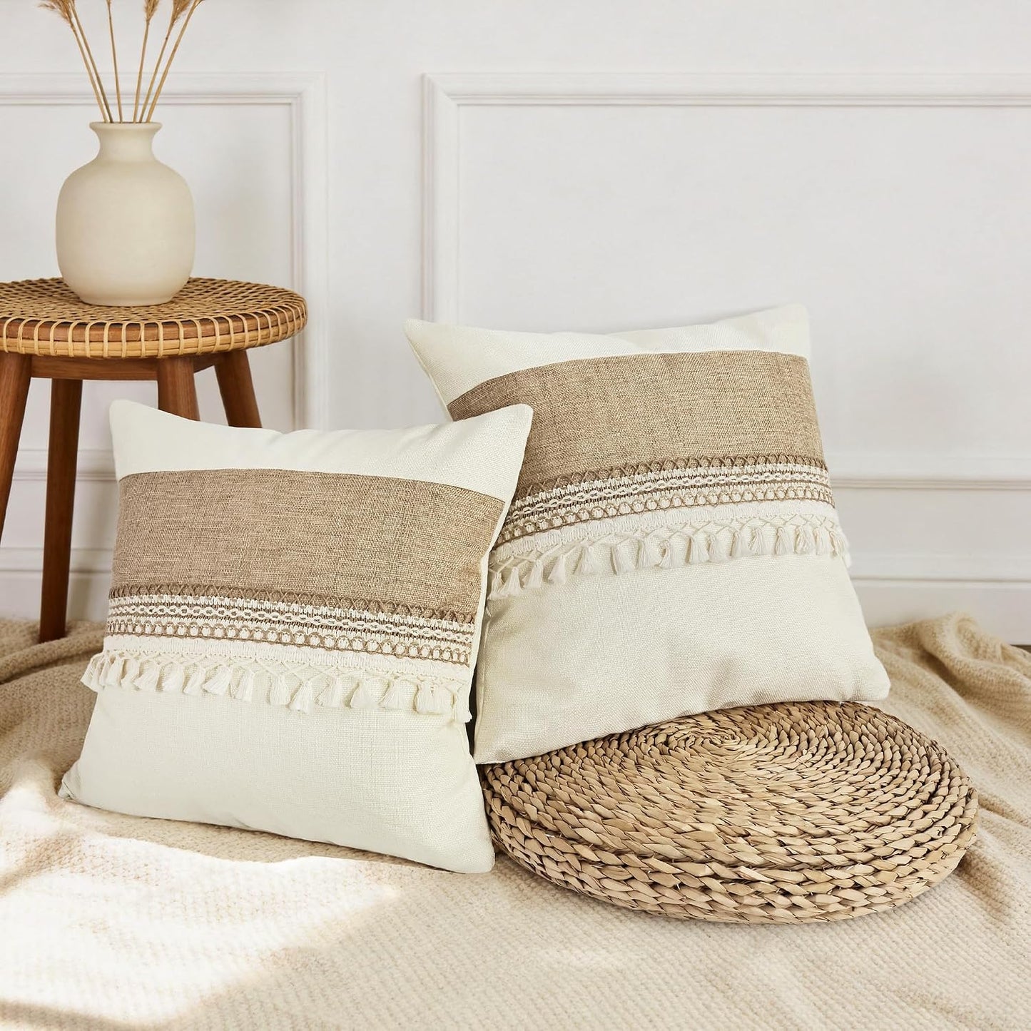 Boho Pillow Covers / Boho Beige Tassles-b / 18 x 18 / Set of 2
