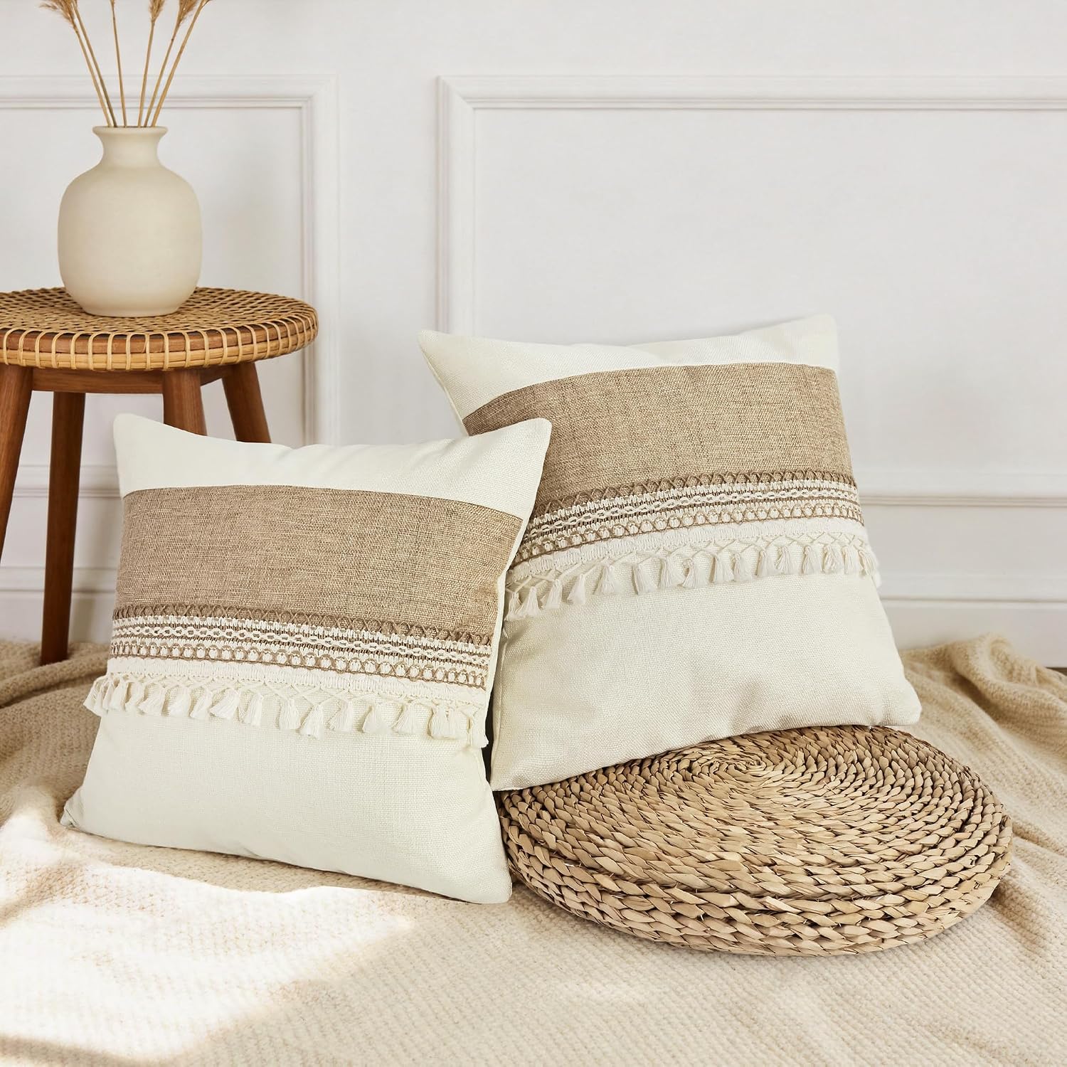 Boho Pillow Covers / Boho Beige Tassles-b / 18 x 18 / Set of 2