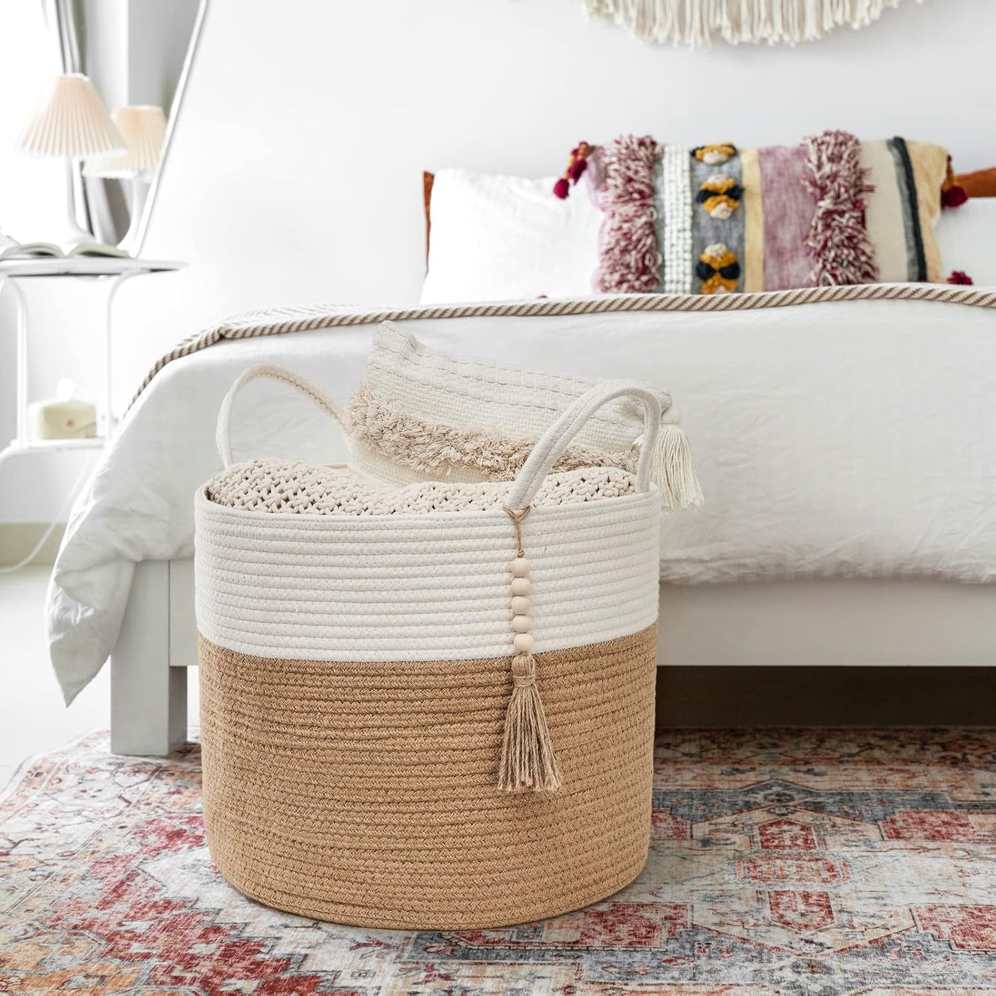 Woven Storage Basket Decorative Natural Rope Basket Wooden / Cream White and Brown / 16" W x 13.8"L