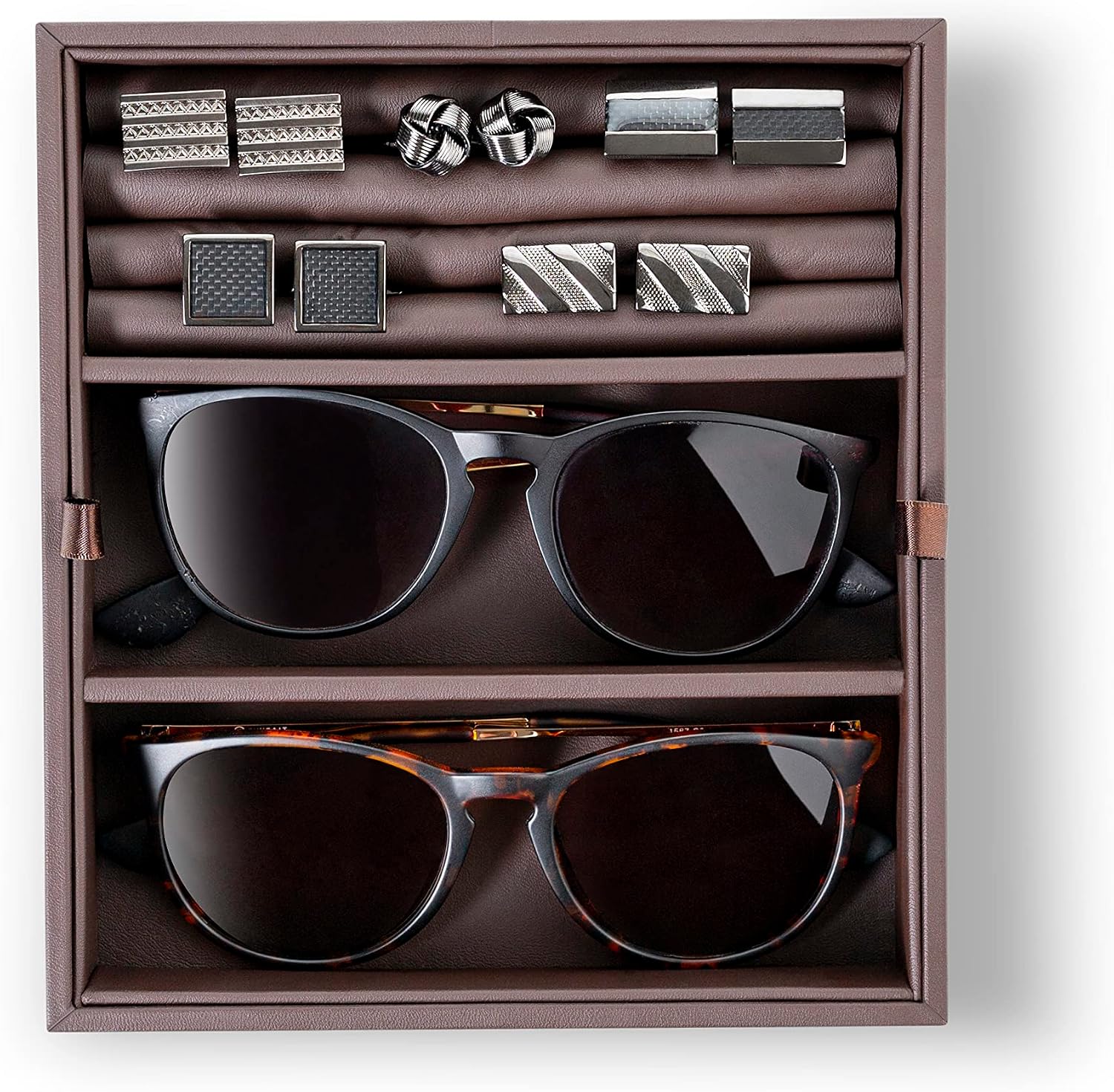 Glenor Co Valet Jewelry Box for Men - Holds 6 Watches, 12 cufflinks, 2 Sunglasses & Tray Storage - Mens Watch Case