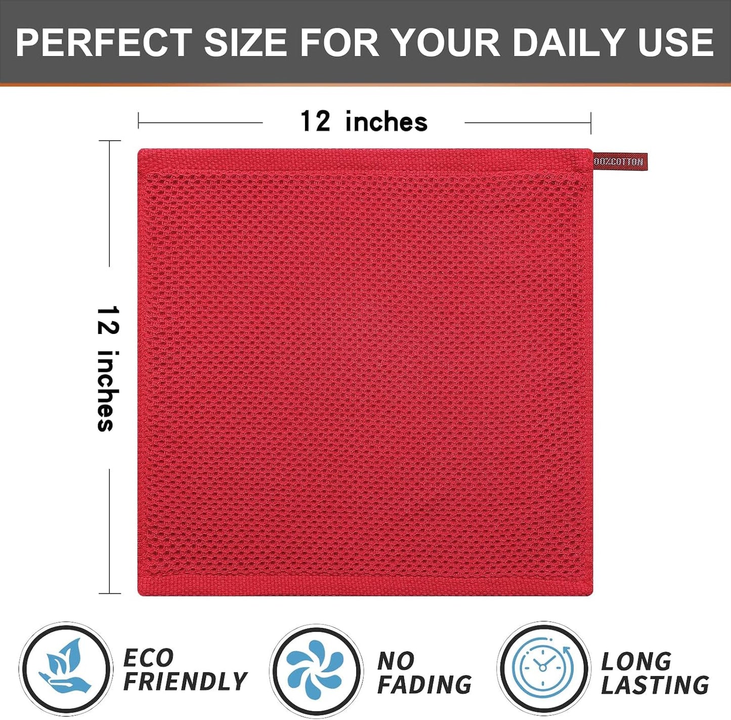 Kitinjoy 100% Cotton Waffle 12-Pack Kitchen Towels, 12" x 12", Red | Ultra Absorbent, Super Soft, lightweight, Quick