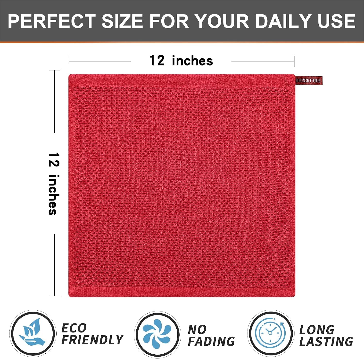 Kitinjoy 100% Cotton Waffle 12-Pack Kitchen Towels, 12" x 12", Red | Ultra Absorbent, Super Soft, lightweight, Quick