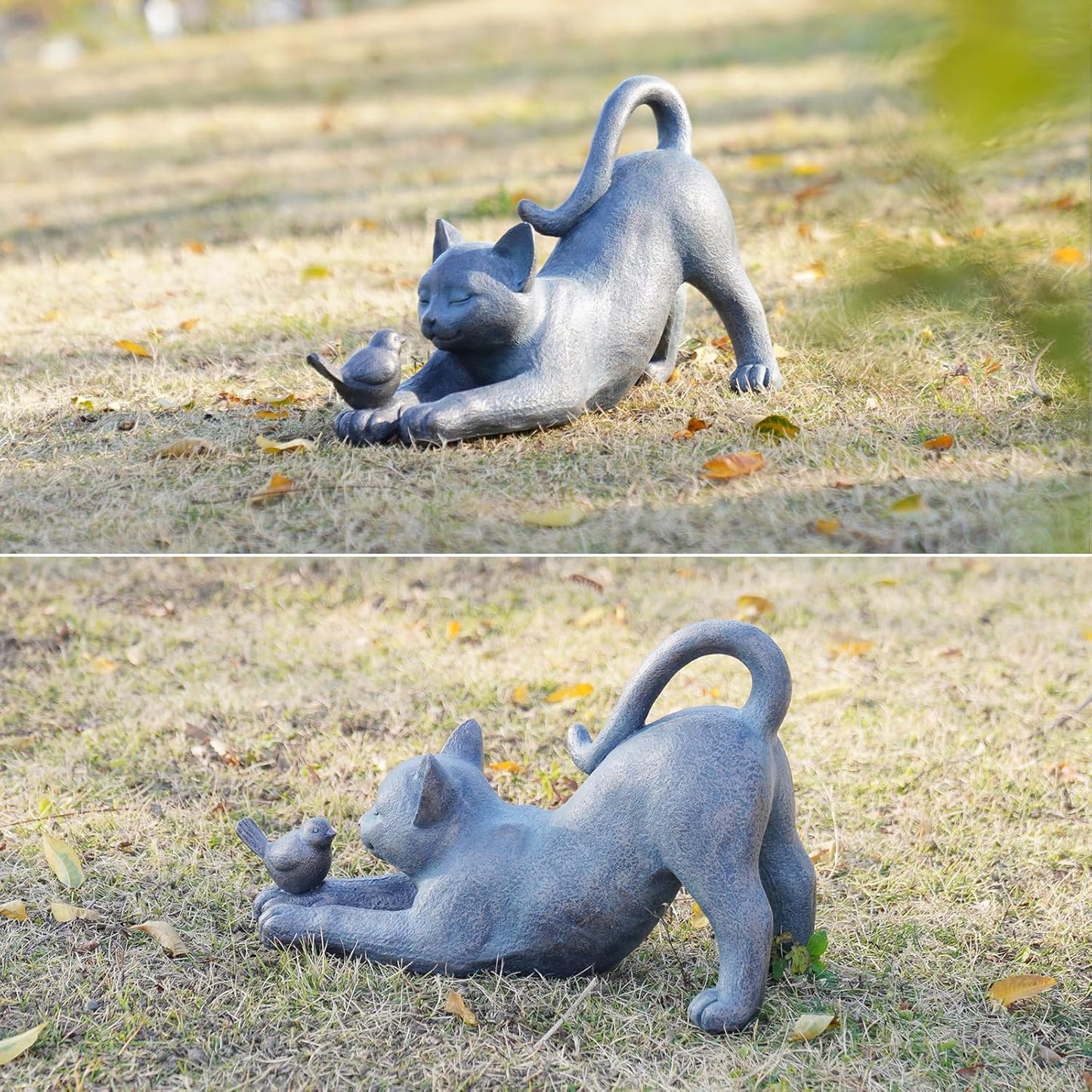 Cat Garden Statues Outdoor Cat-Figurines / Cat with Bird / 16 x 6 x 9.5