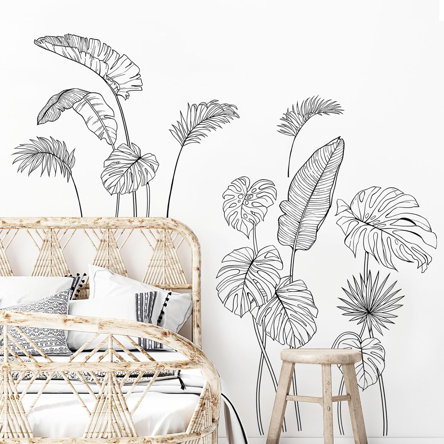 White Tropical Plants Wall Decals Sketch Palm Leaves Wall Stickers Simple Line Monstera Leaf / Black