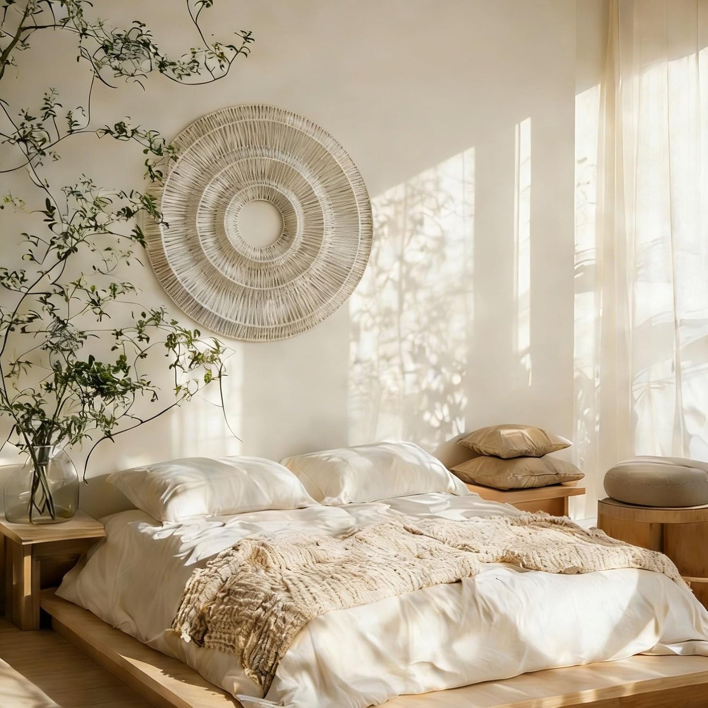 3D Round Boho Wall Basket. Large Rustic Wall Art / Beige
