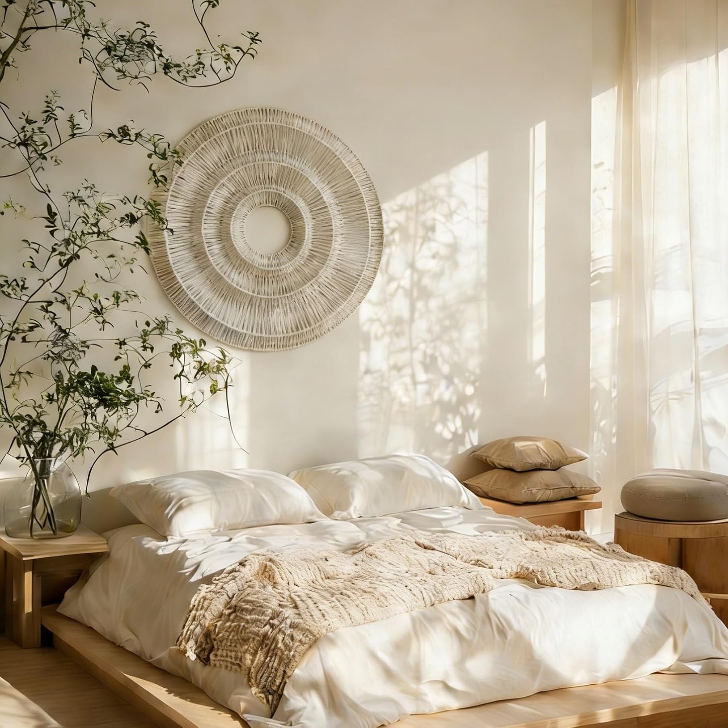 3D Round Boho Wall Basket. Large Rustic Wall Art / Beige