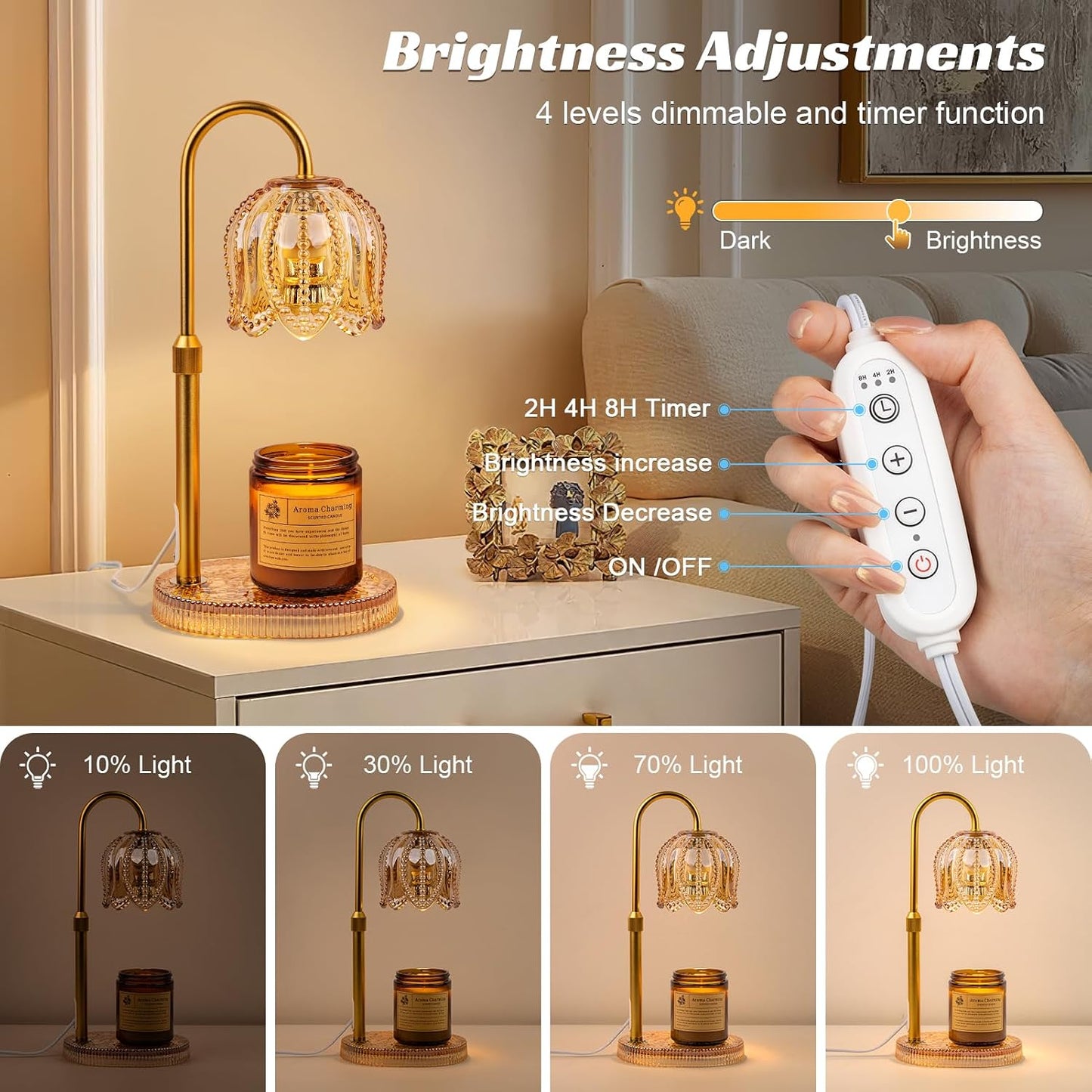 Petal Candle Warmer Lamp with Timer & Dimmable Light Champagne Gold | Adjustable Height Jar Melter on Crystal Glass