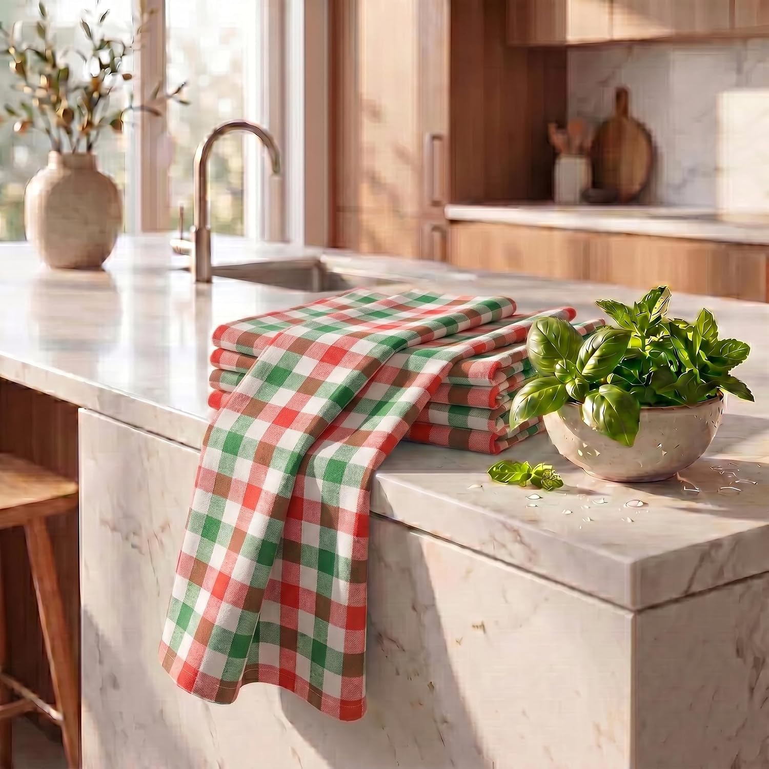 Urban Villa Kitchen Towels Cotton Dish Towels 20”x30” (Set of 6)Red/Grn/Wht