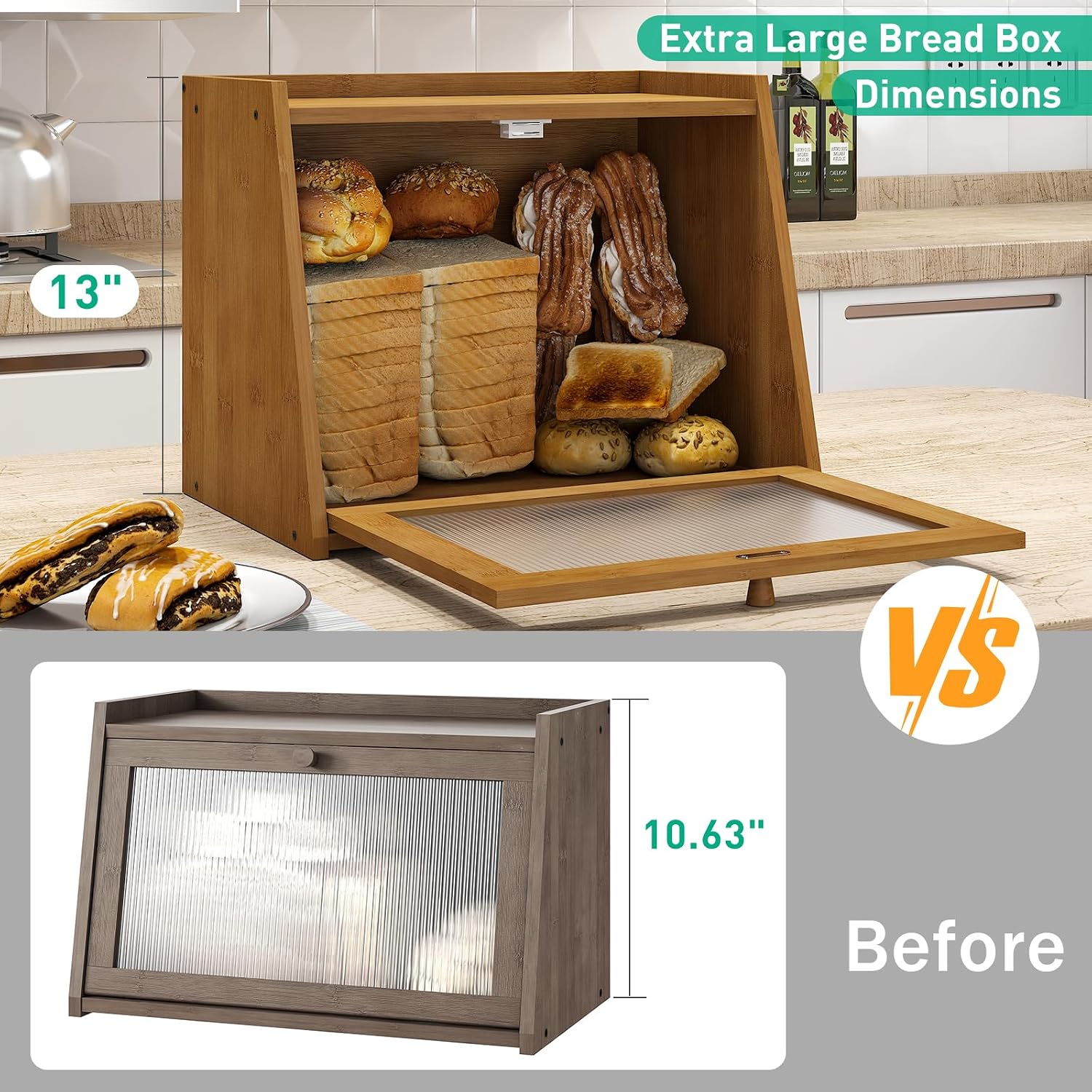kiplant Large Bread Box for Kitchen Counter, Brown Bamboo Bread Storage Container with Wavy Arcylic Transparent Door