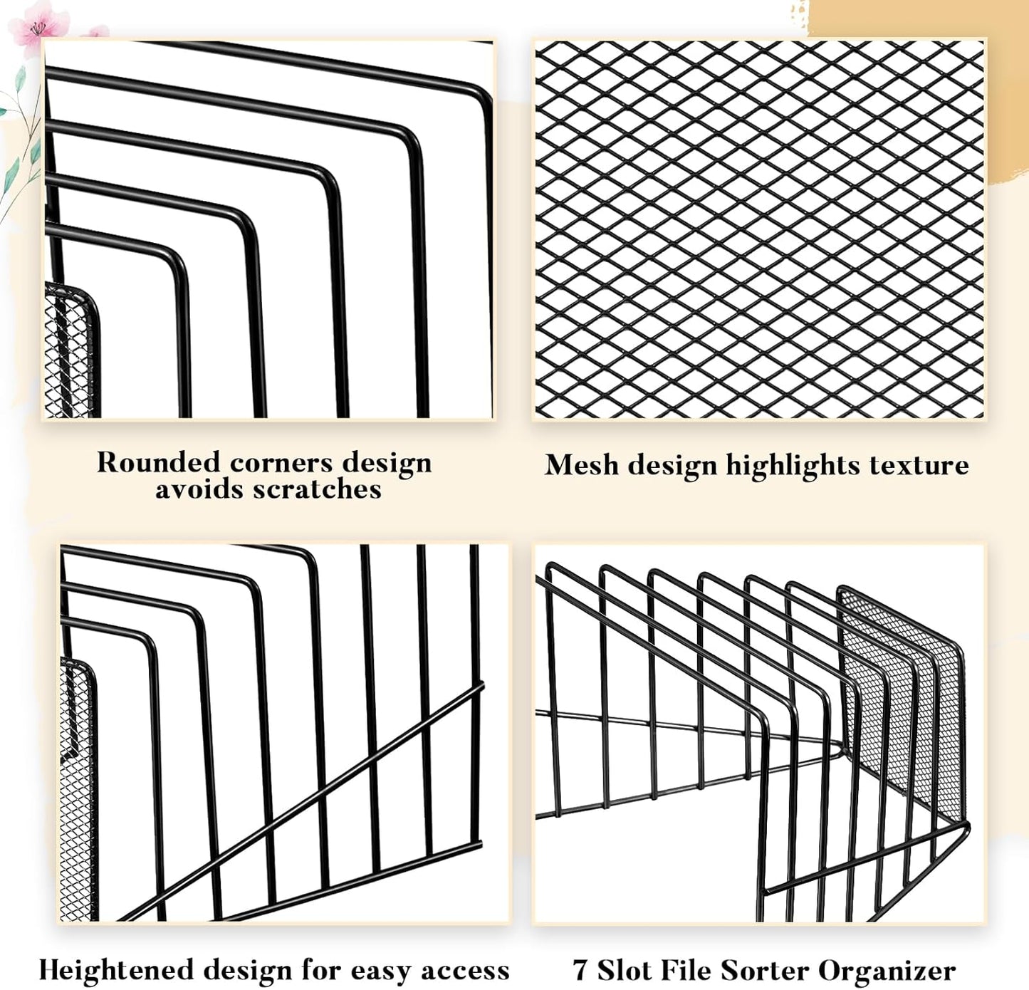 2 Pcs 7 Section Wire File Organizer for Desk, Metal Mesh Incline File Holder, Letter & Magazine Folder Rack, Desktop