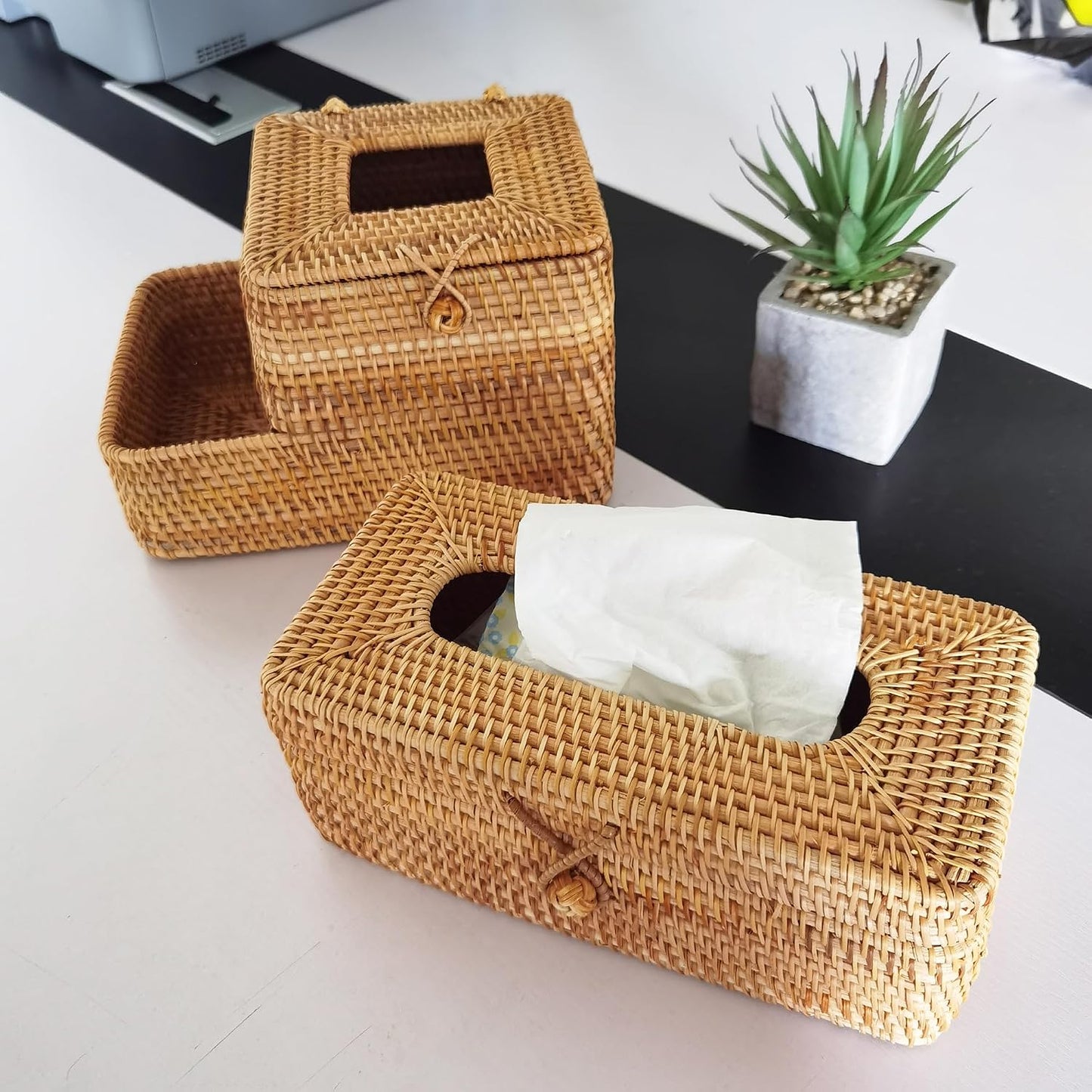 Decorative Square Rattan Tissue Box and Condiment Organizer / Natural Brown with Compartment / 6 x 6